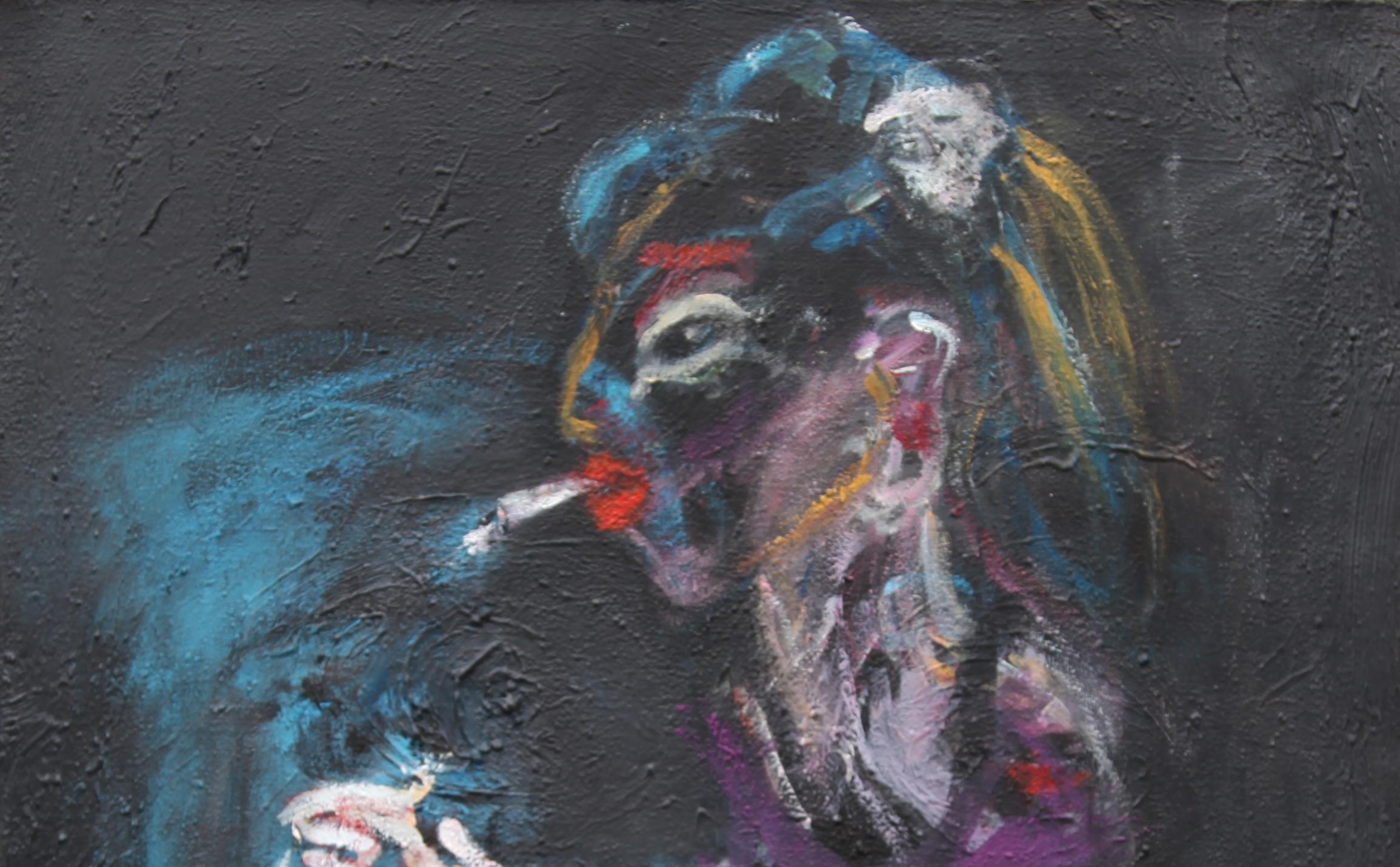 Teaser Joanna Flatau Contemporary art polish painting dark tones smoking woman im Angebot 2