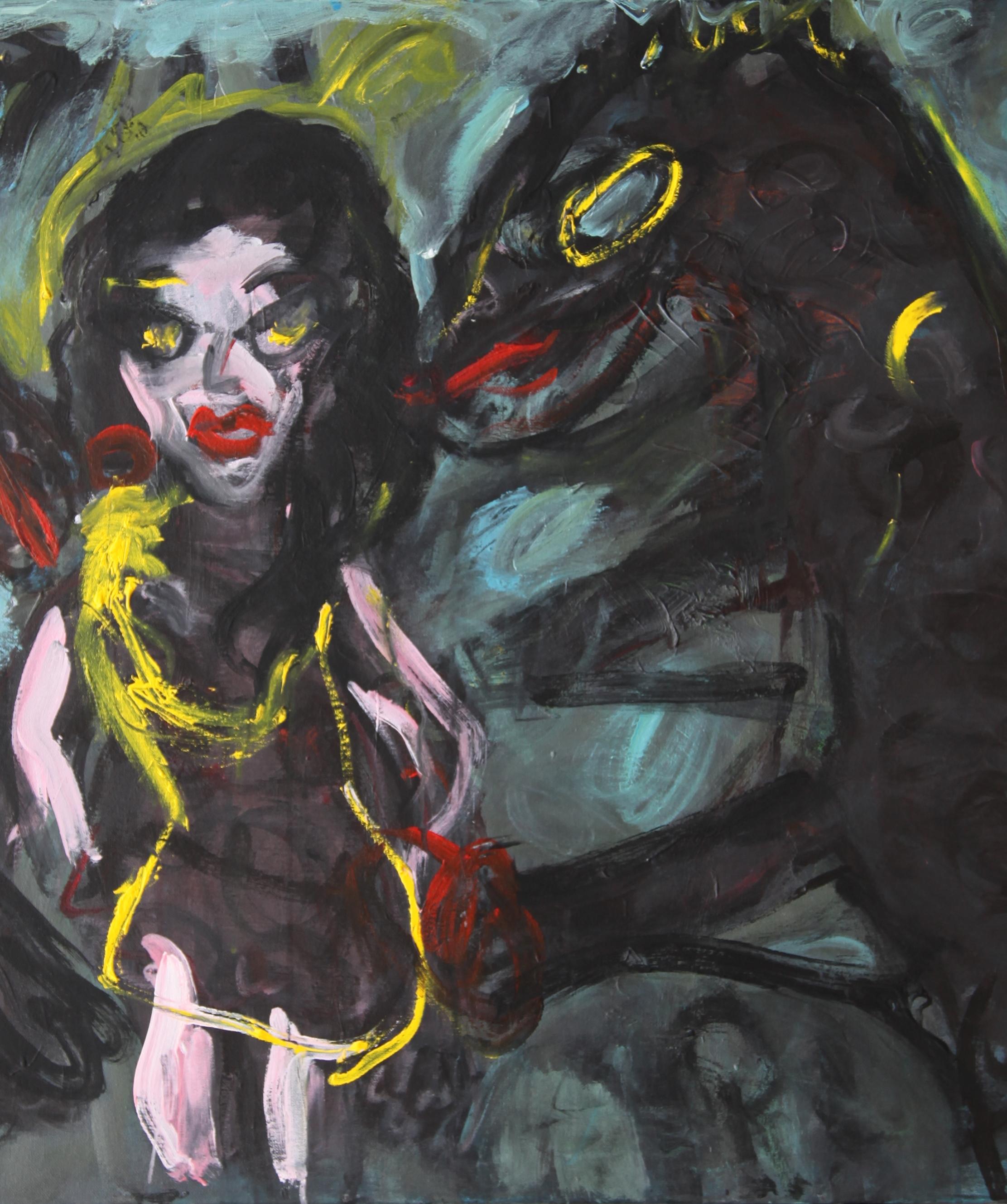 Adoration Joanna Flatau Art contemporain portrait peinture femme attraction animal en vente 3
