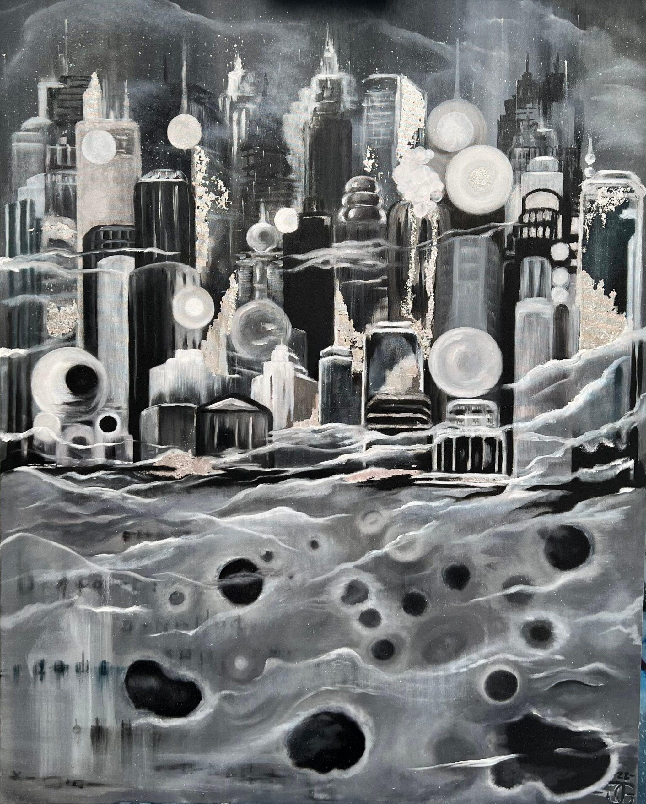 « City on the Moon » - Painting de Joanna Guzowska