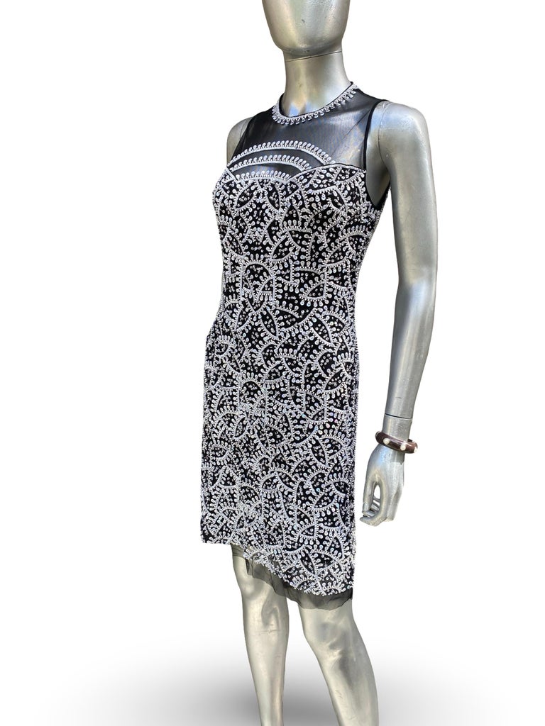 black and white cocktail dress size 14 Unique Vintage Black & Ivory Stripe Swing Dress L/12-14