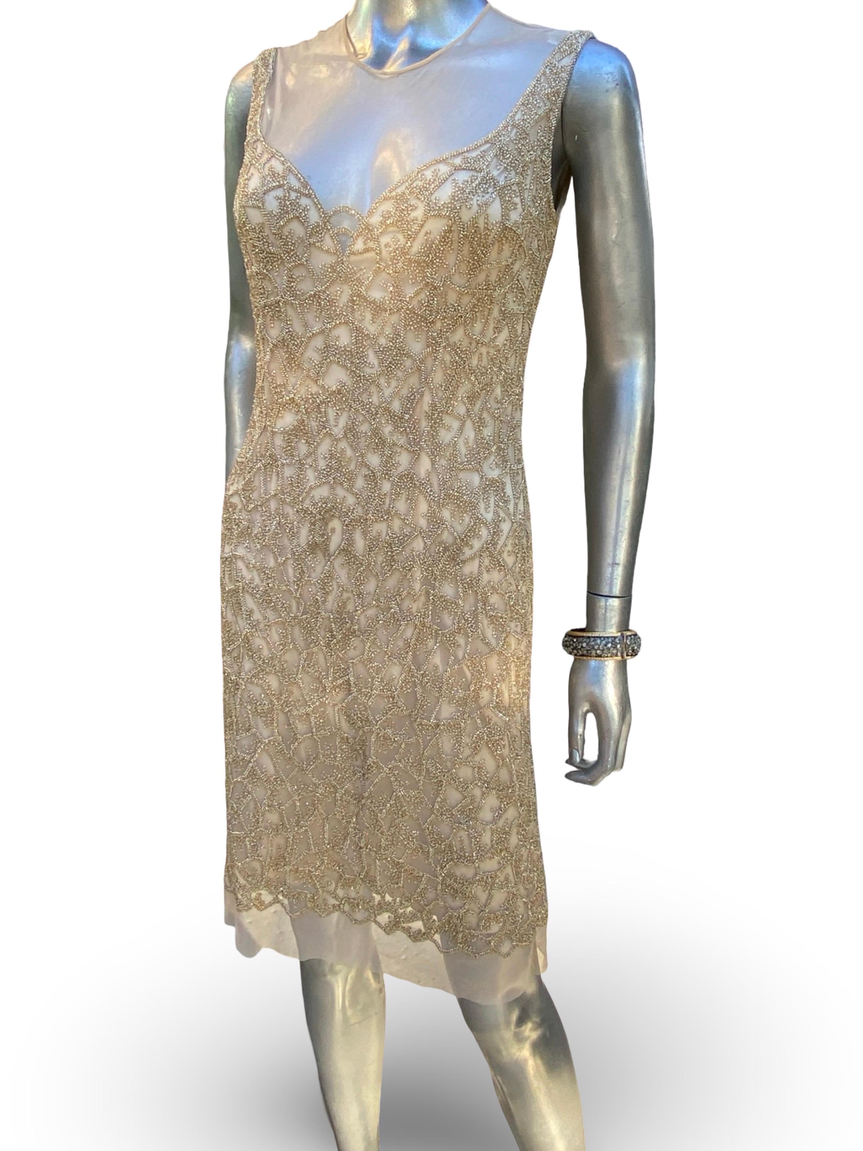 Joanna Mastroianni CHIC! Gold Perlen über Nackt Cocktailkleid SFA Größe 6 NWT Damen im Angebot