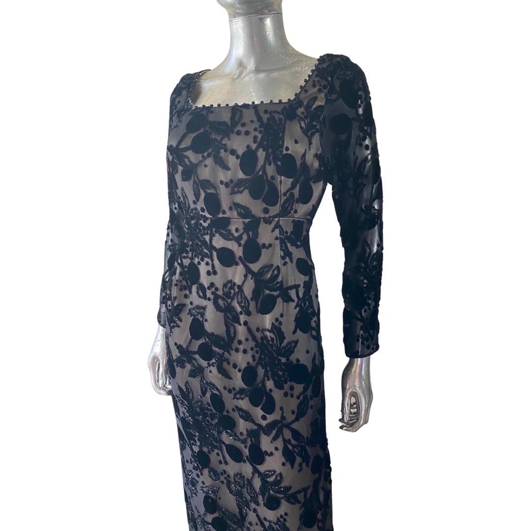 Black Joanna Mastroianni Sheer Illusion Velvet Metallic Evening Dress Size 8/10 For Sale
