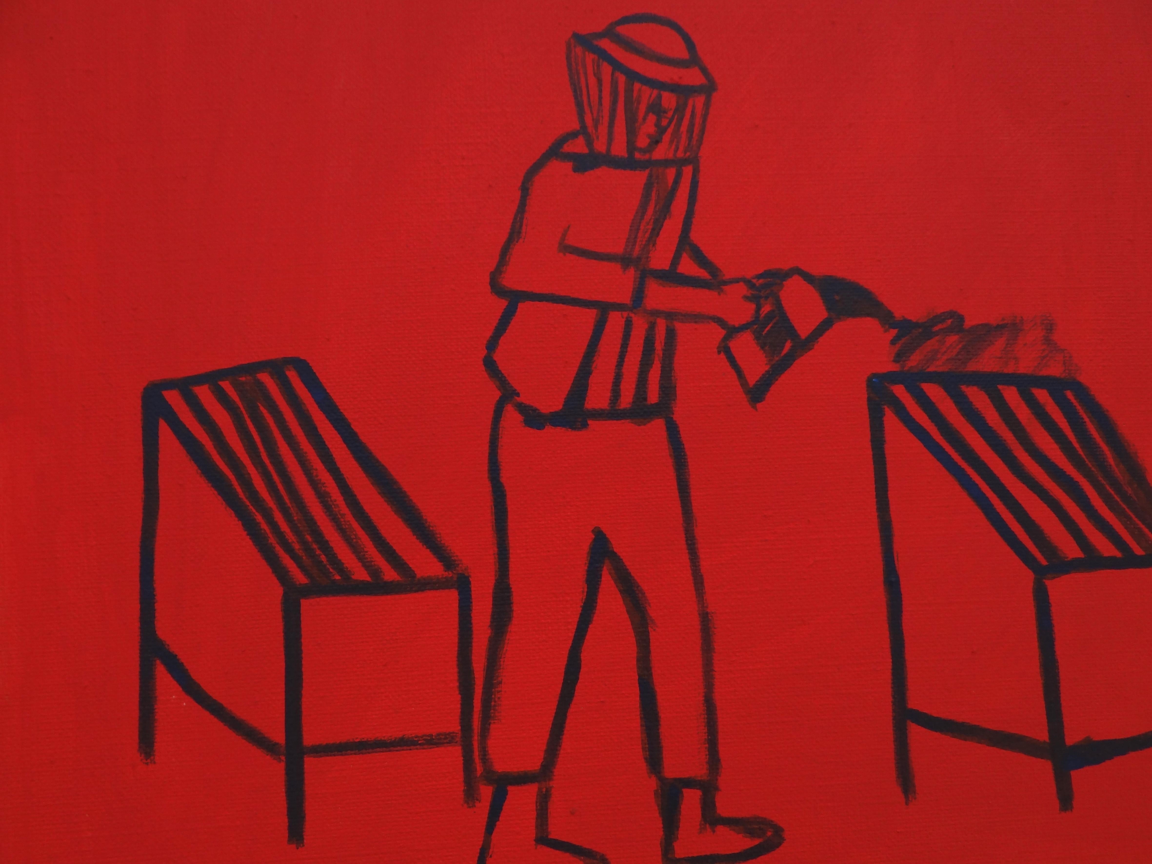 Apiculteur - Peinture contemporaine expressive, symbolique et minimaliste - Painting de Joanna Mrozowska