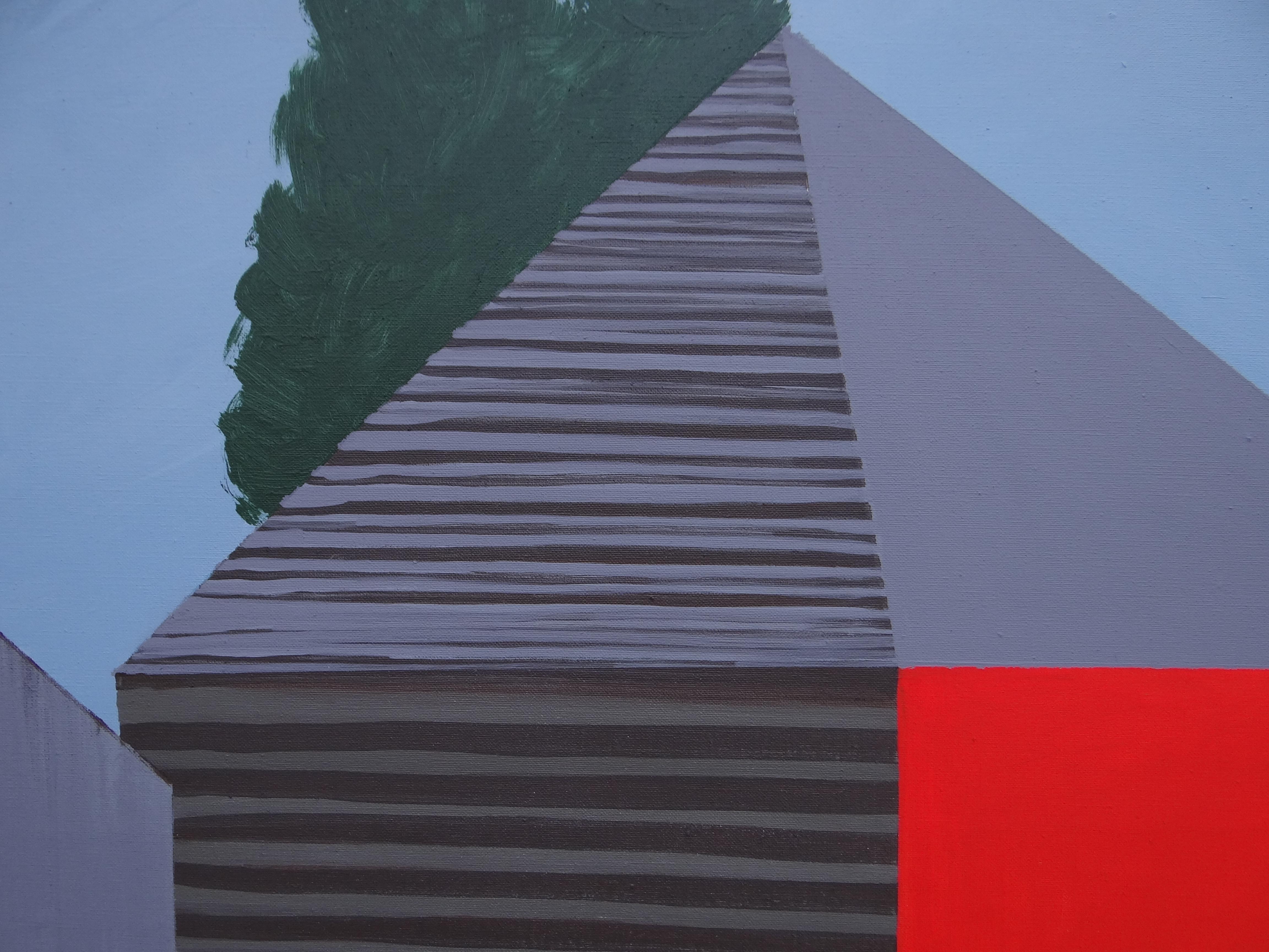 Apiculteur - Peinture contemporaine expressive, symbolique et minimaliste - Violet Landscape Painting par Joanna Mrozowska