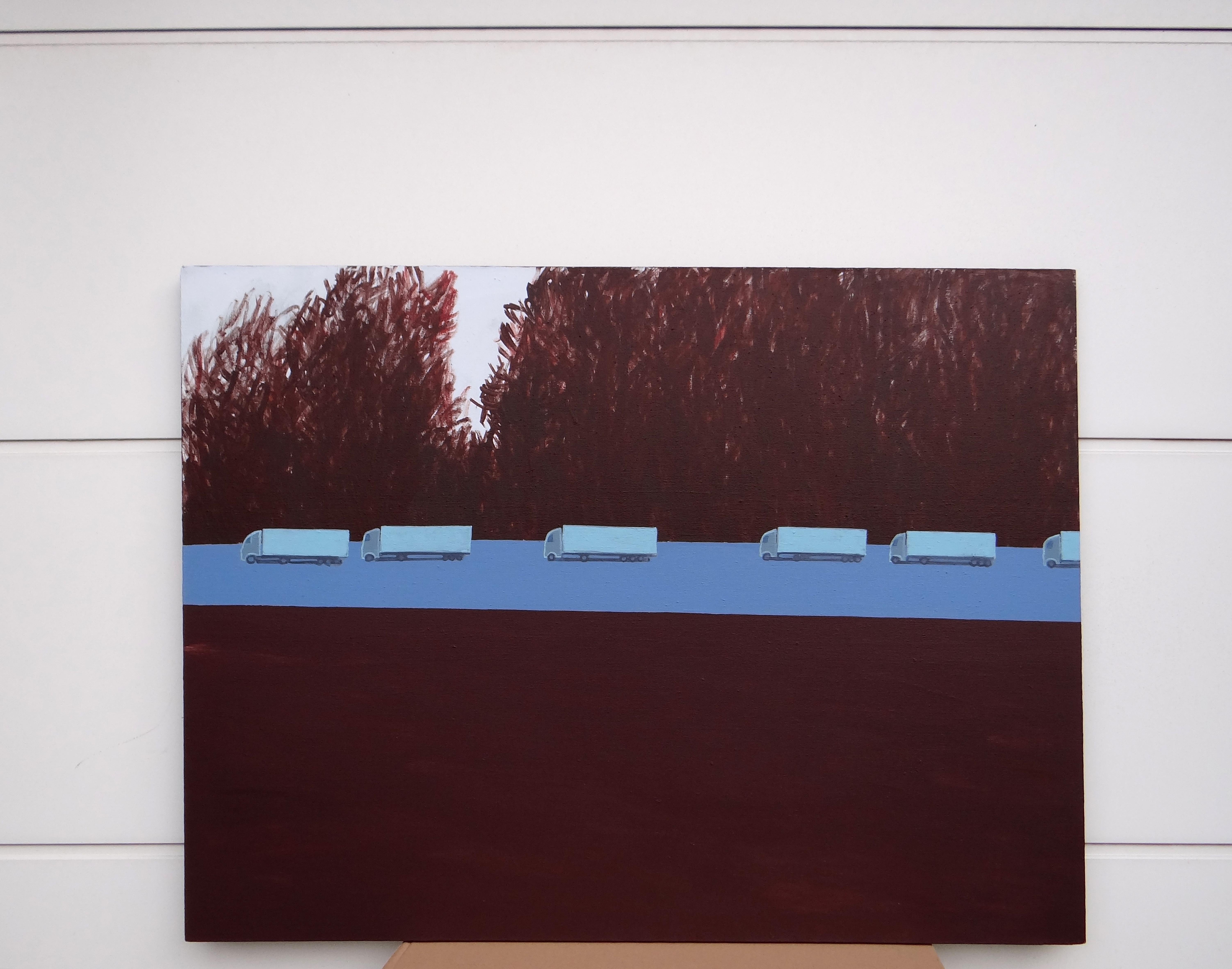 Columna de Camiones 1 - Pintura Expresiva Contemporánea de Paisaje, Avenida de los Árboles - Painting de Joanna Mrozowska