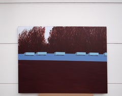 Column of Trucks 1 - Contemporary Expressive Landscape Painting, Trees Avenue