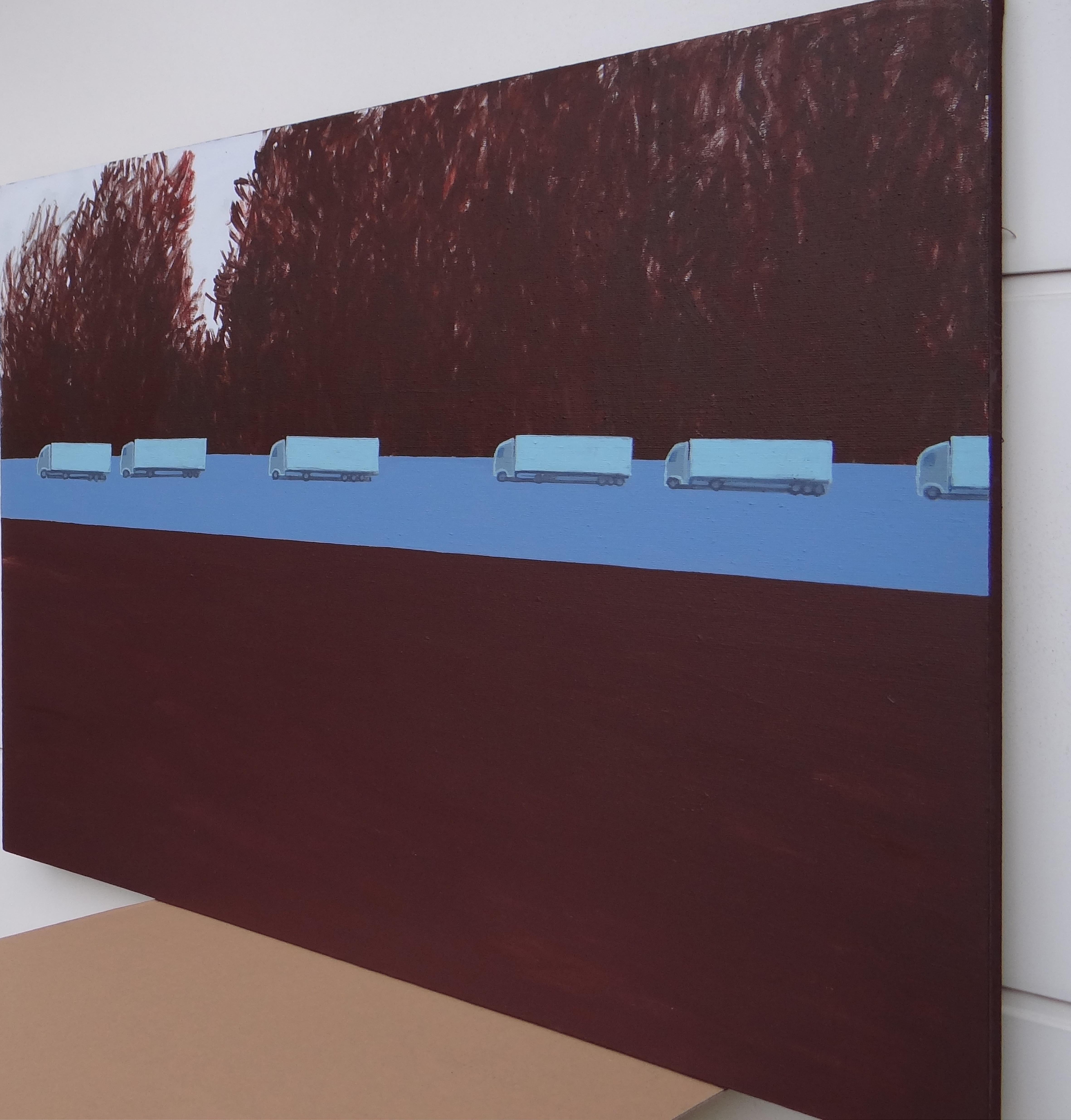 Colonne de camions 1 - Peinture expressive contemporaine de paysage, avenue des arbres - Contemporain Painting par Joanna Mrozowska