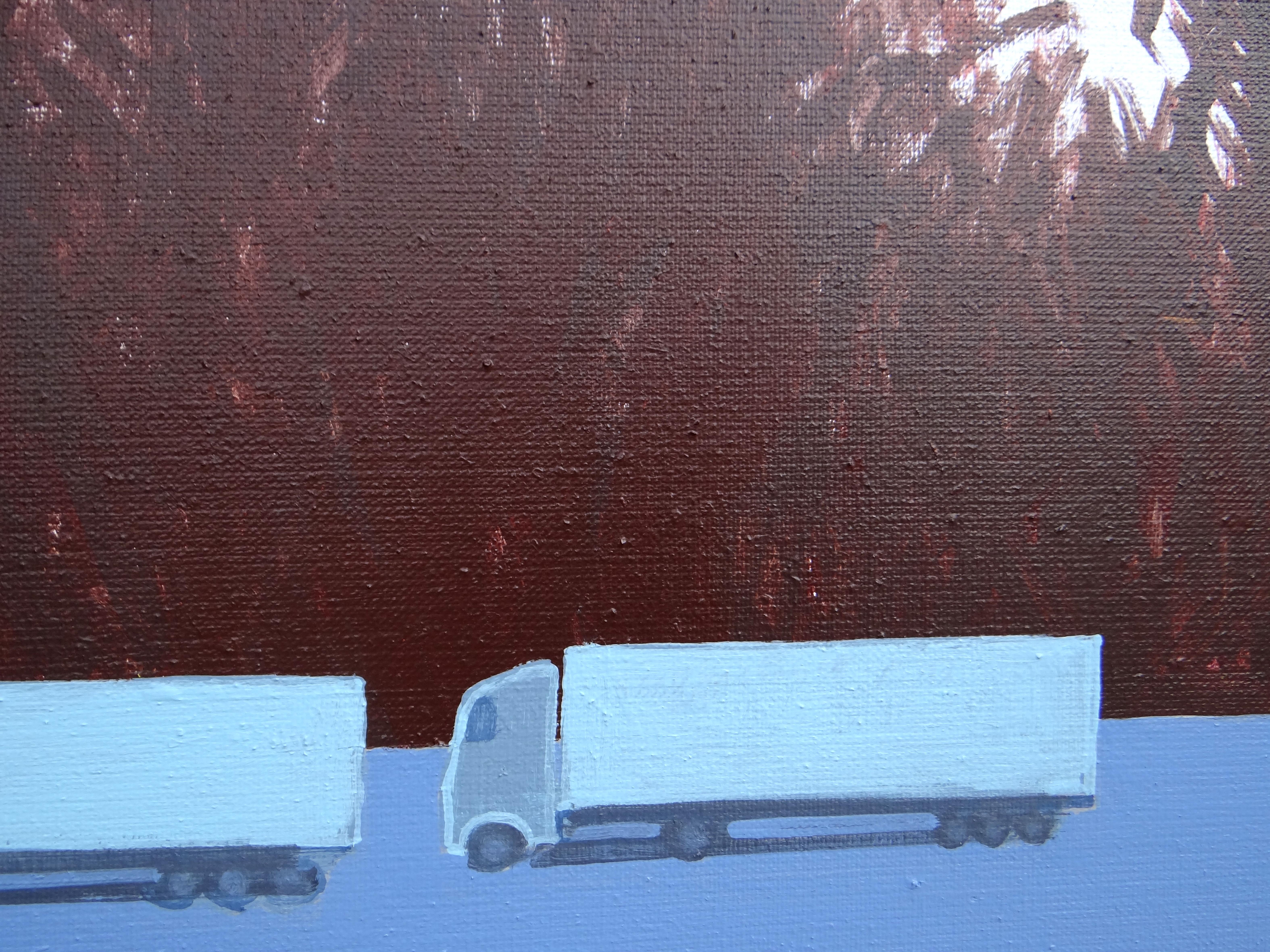 Colonne de camions 1 - Peinture expressive contemporaine de paysage, avenue des arbres en vente 1
