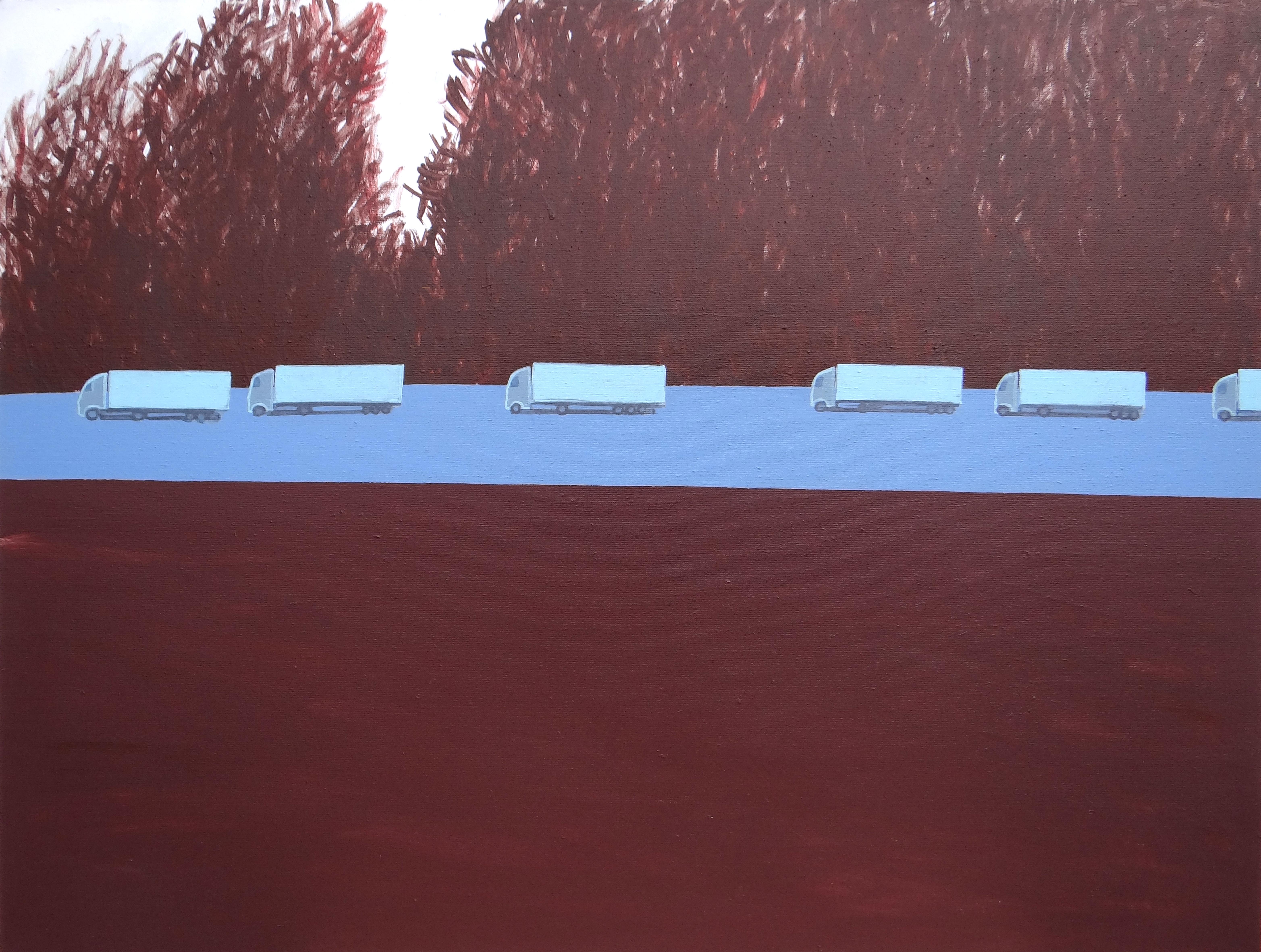 Joanna Mrozowska Figurative Painting - Column of Trucks 1 - Contemporary Expressive Landscape Painting, Trees Avenue
