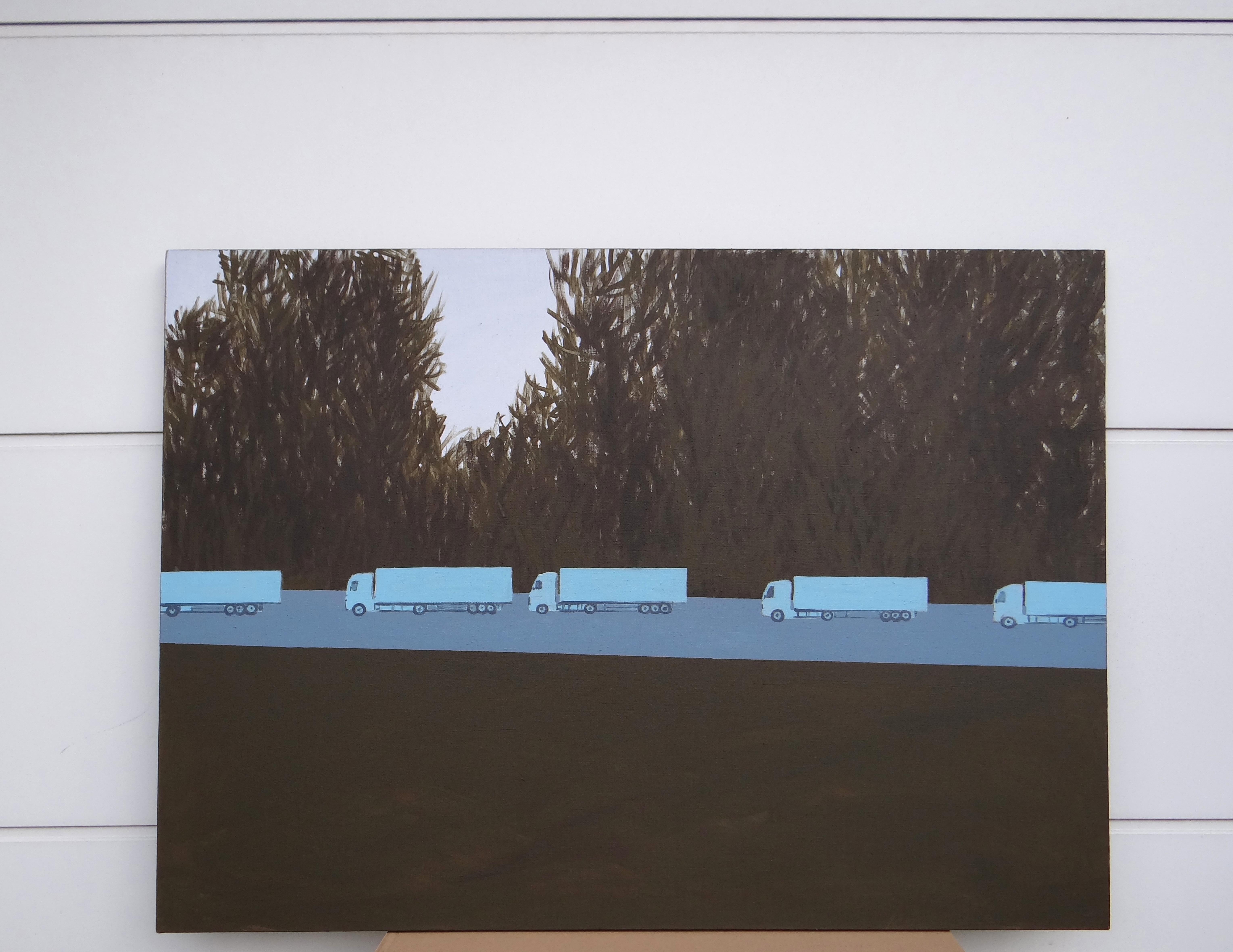 Column of Trucks 2 - Contemporary Expressive Landscape Painting, Trees Avenue For Sale 1
