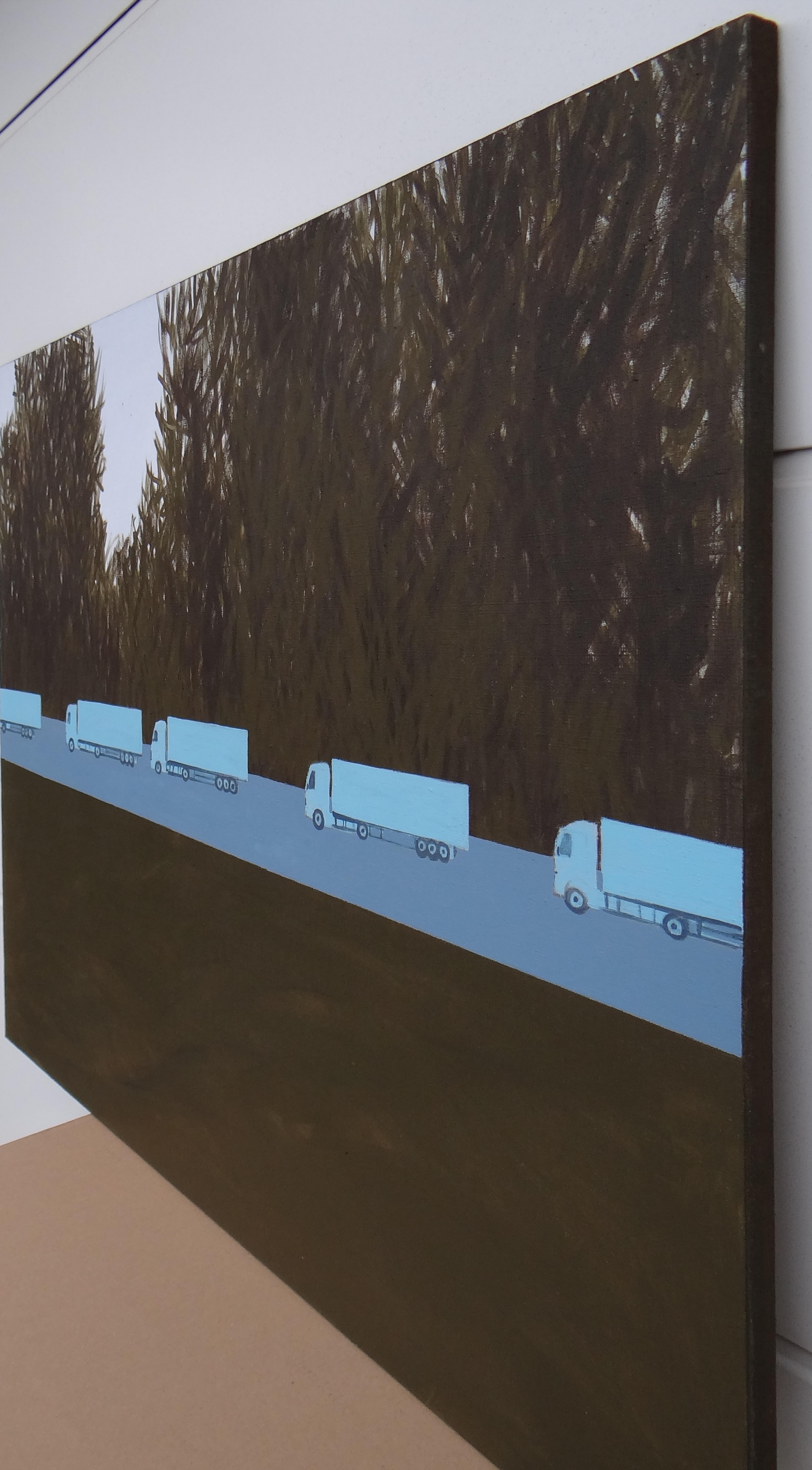 Column of Trucks 2 - Contemporary Expressive Landscape Painting, Trees Avenue For Sale 3