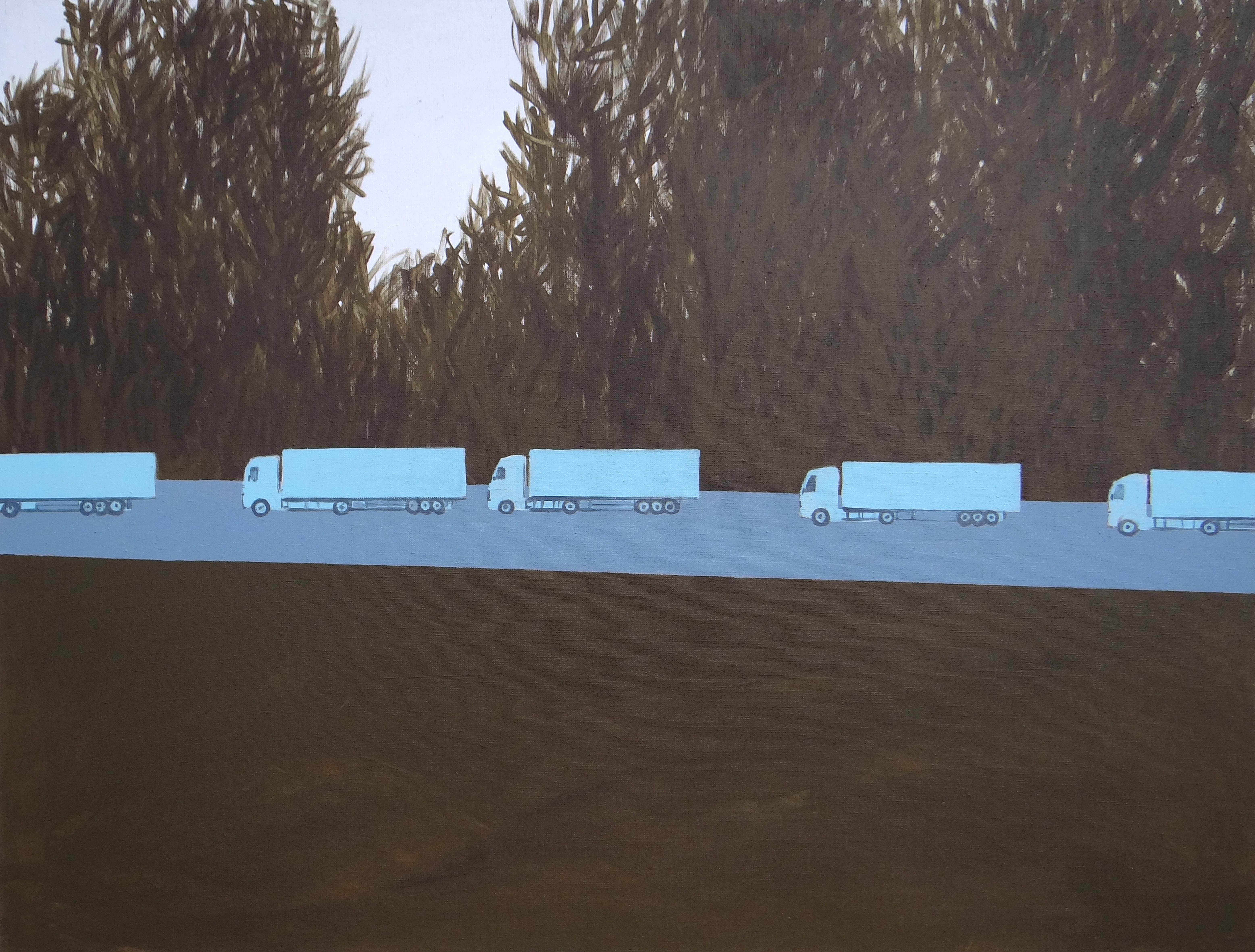 Landscape Painting Joanna Mrozowska - Colonne de camions 2 - Peinture expressive contemporaine de paysage, avenue des arbres