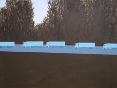 Colonne de camions 2 - Peinture expressive contemporaine de paysage, avenue des arbres