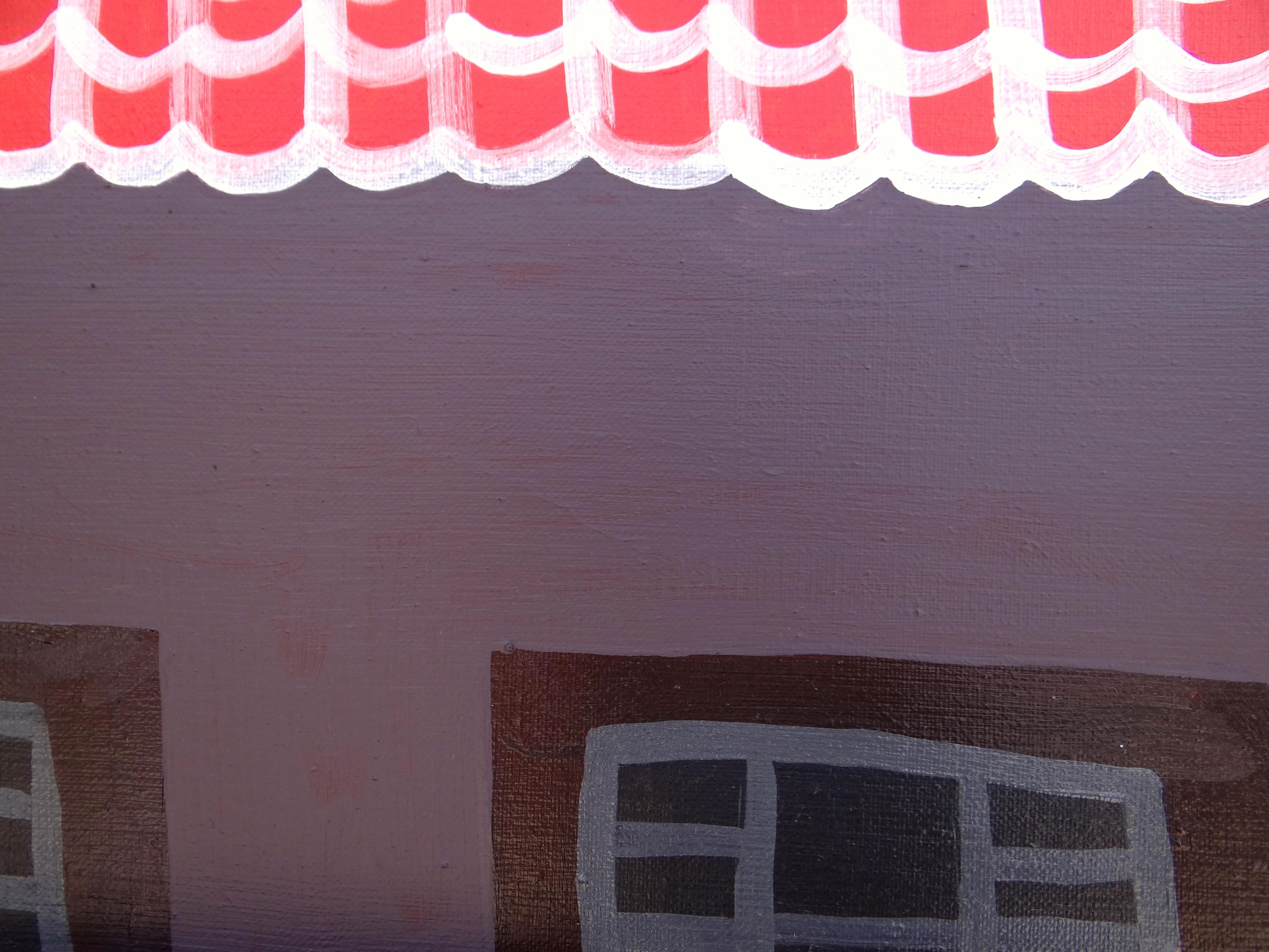 Cottage With A Red Roof -  Modern Expressive Symbolic and Minimalistic Painting For Sale 3