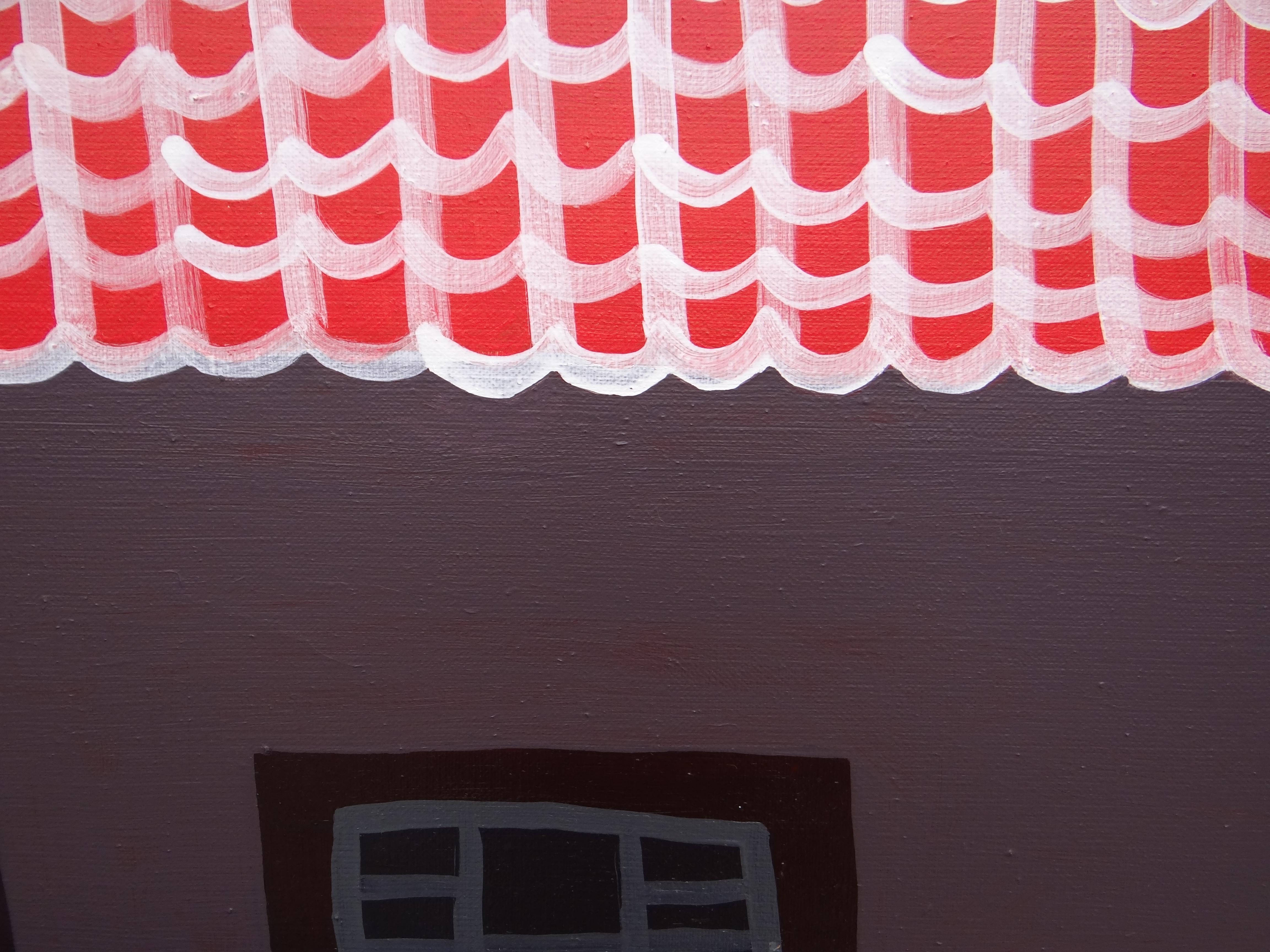 Cottage With A Red Roof -  Modern Expressive Symbolic and Minimalistic Painting For Sale 4