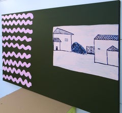 Cottages and Pink Wave - Modern Expressive Symbolic and Minimalistic Painting