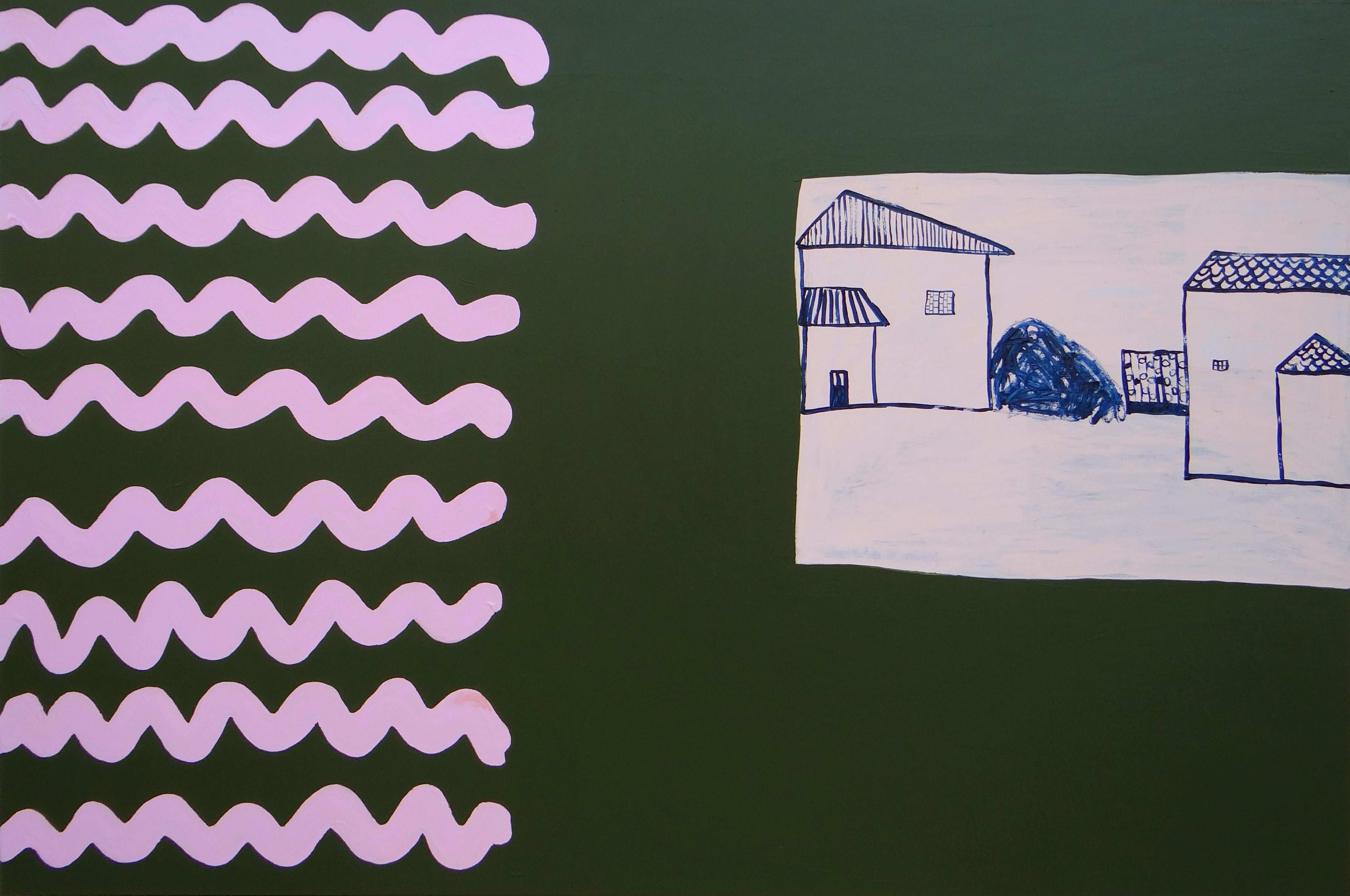 Cottage e onda rosa - Pittura moderna espressiva, simbolica e minimalista