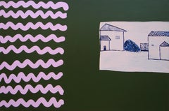 Cottages and Pink Wave – Modernes expressionistisches, symbolisches und minimalistisches Gemälde