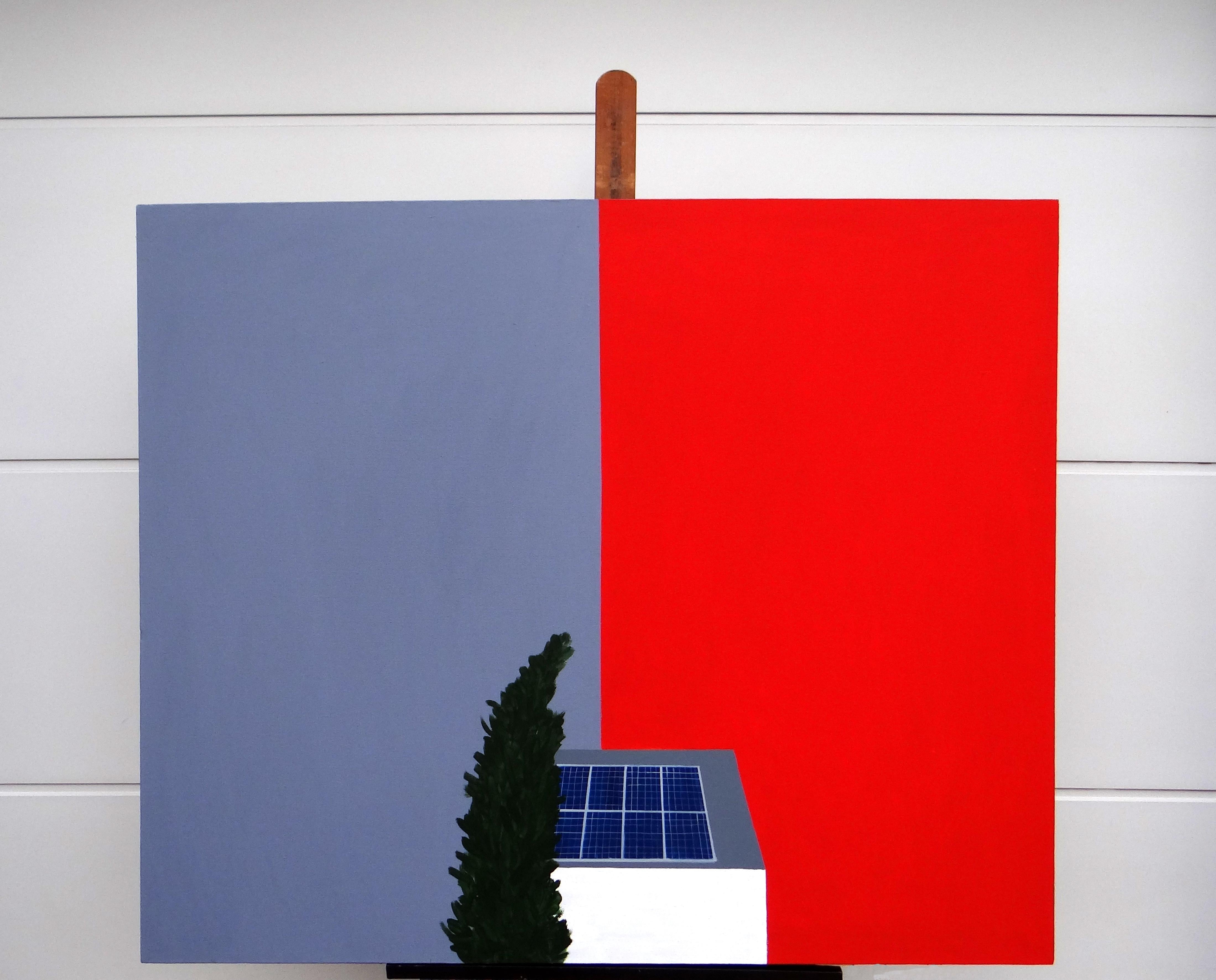 Casa con pannelli solari - Pittura moderna espressiva, simbolica e minimalista - Painting di Joanna Mrozowska
