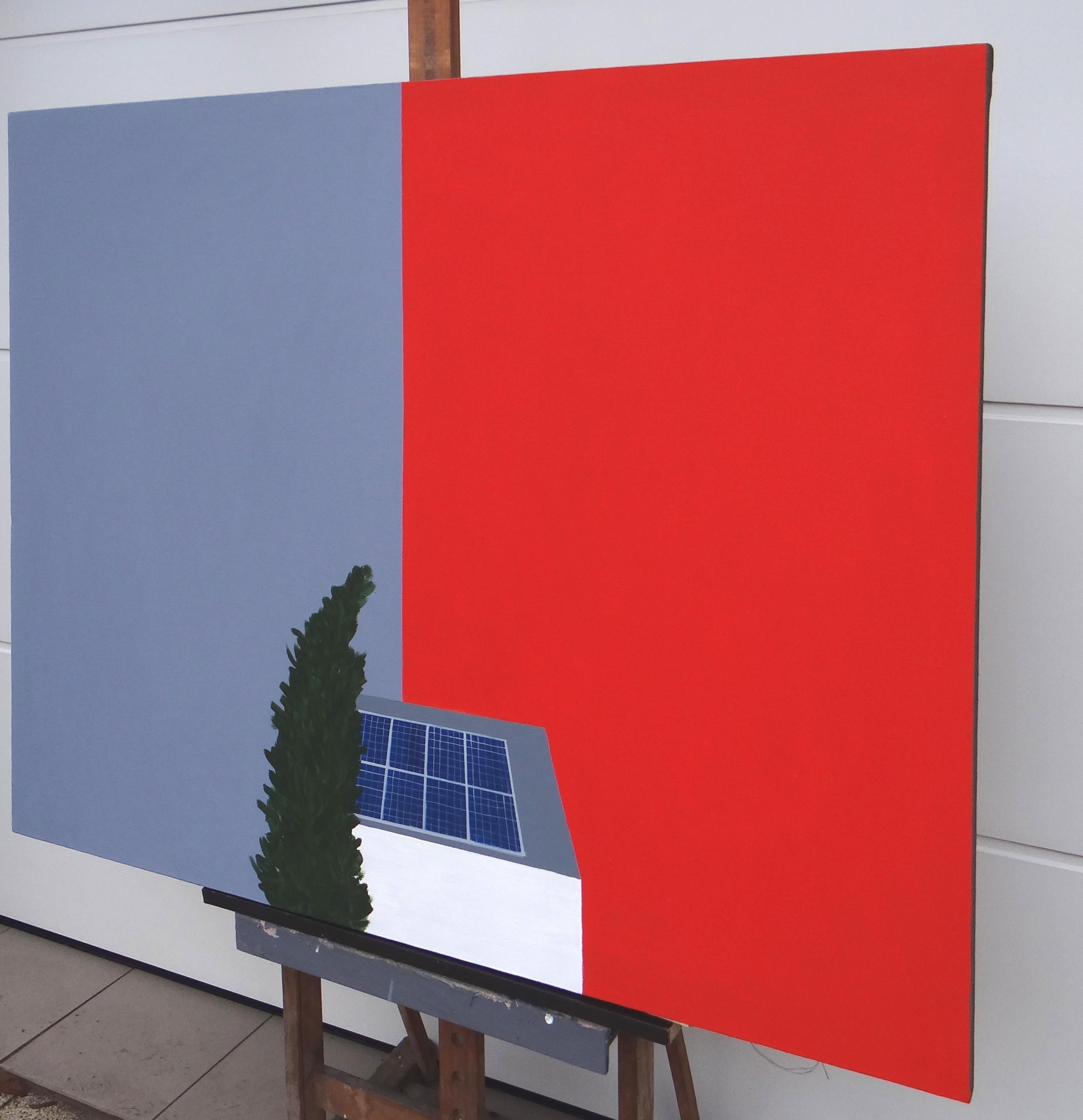 Casa con pannelli solari - Pittura moderna espressiva, simbolica e minimalista - Painting Contemporaneo di Joanna Mrozowska