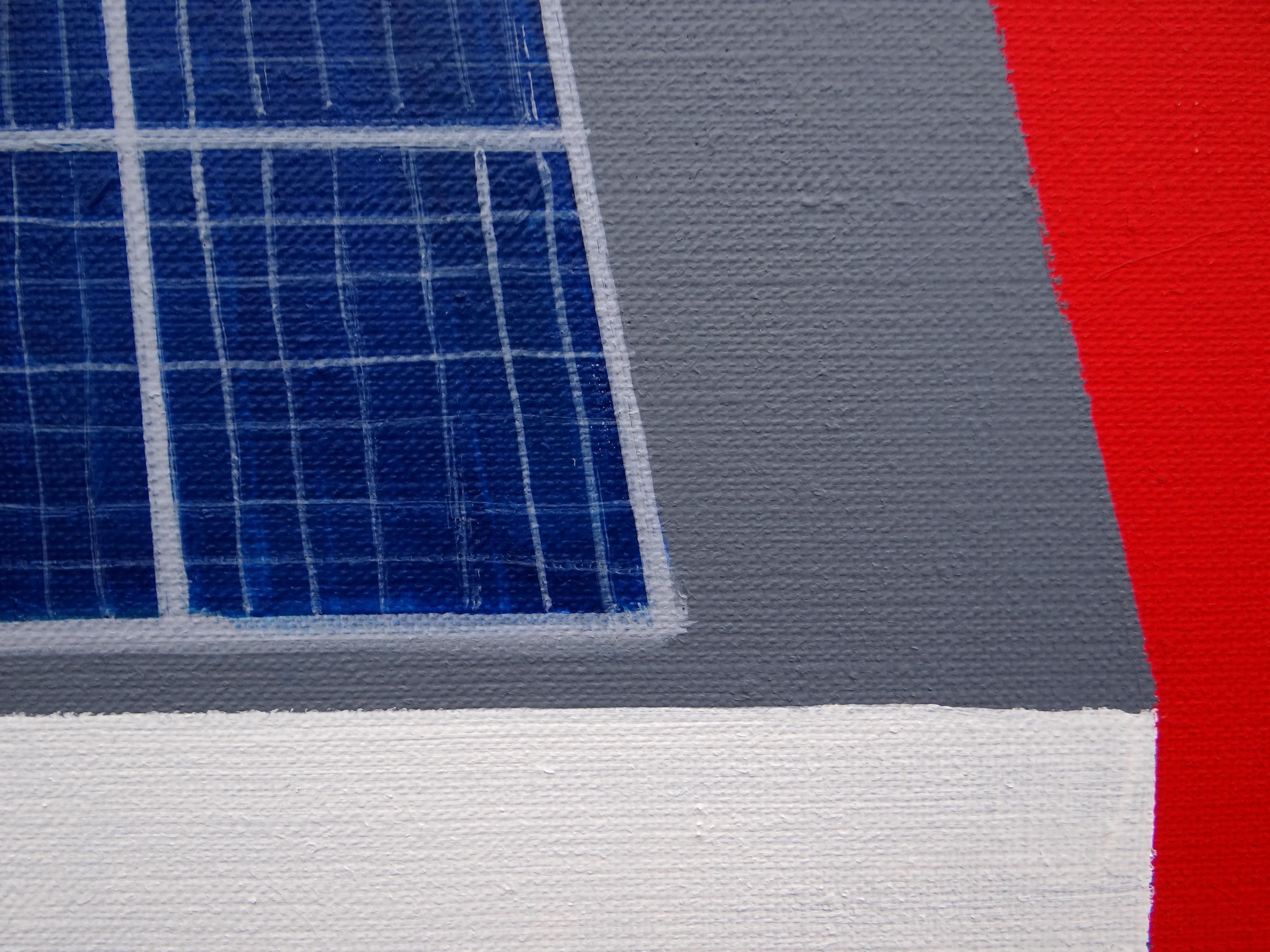 Casa con pannelli solari - Pittura moderna espressiva, simbolica e minimalista - Abstract Painting Grigio di Joanna Mrozowska