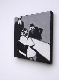 In The Cafeteria  - Contemporary Expressive Symbolic Black-White Painting