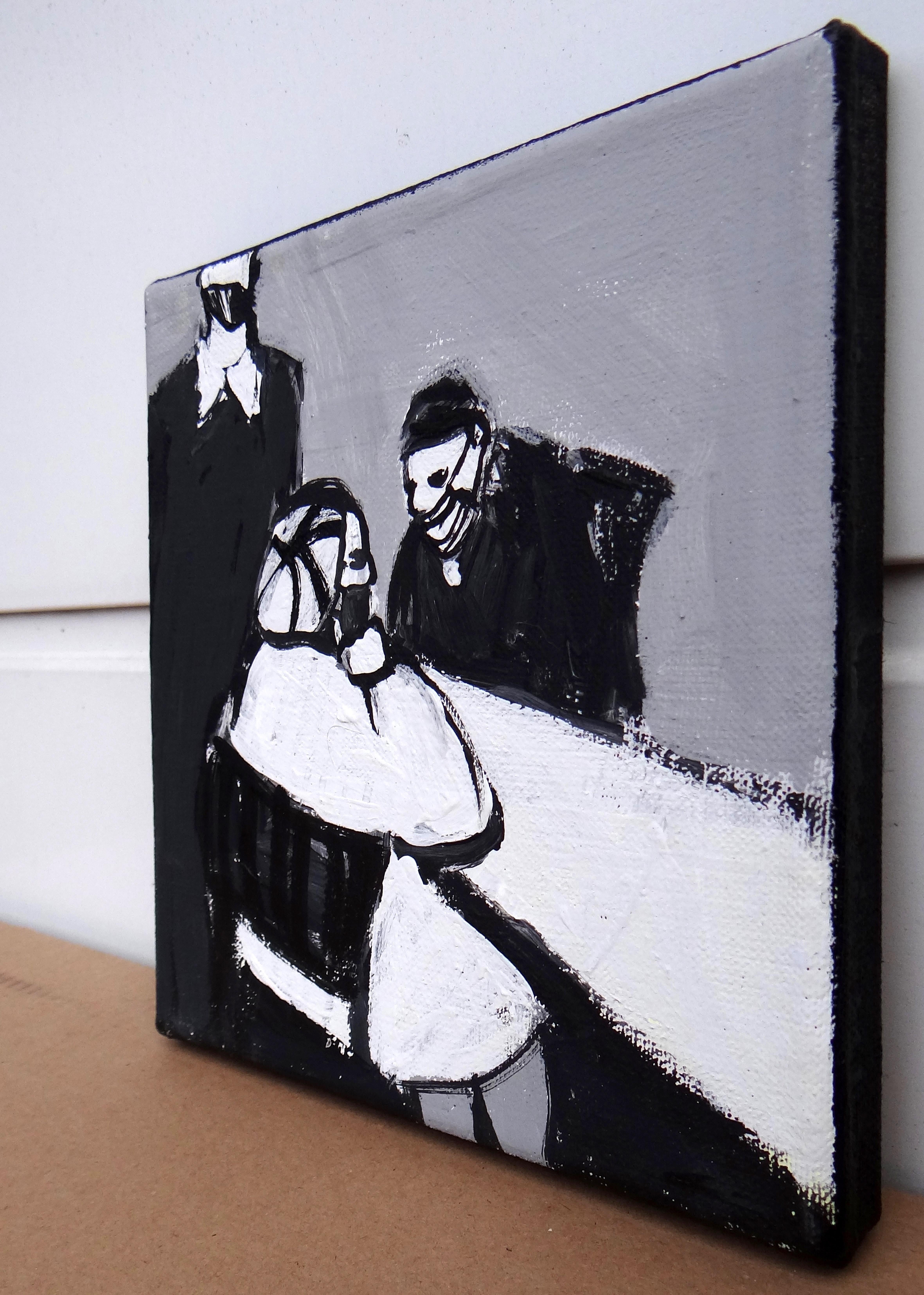 In der Cafeteria  - Contemporary Expressive Symbolic Black-White Painting im Angebot 2