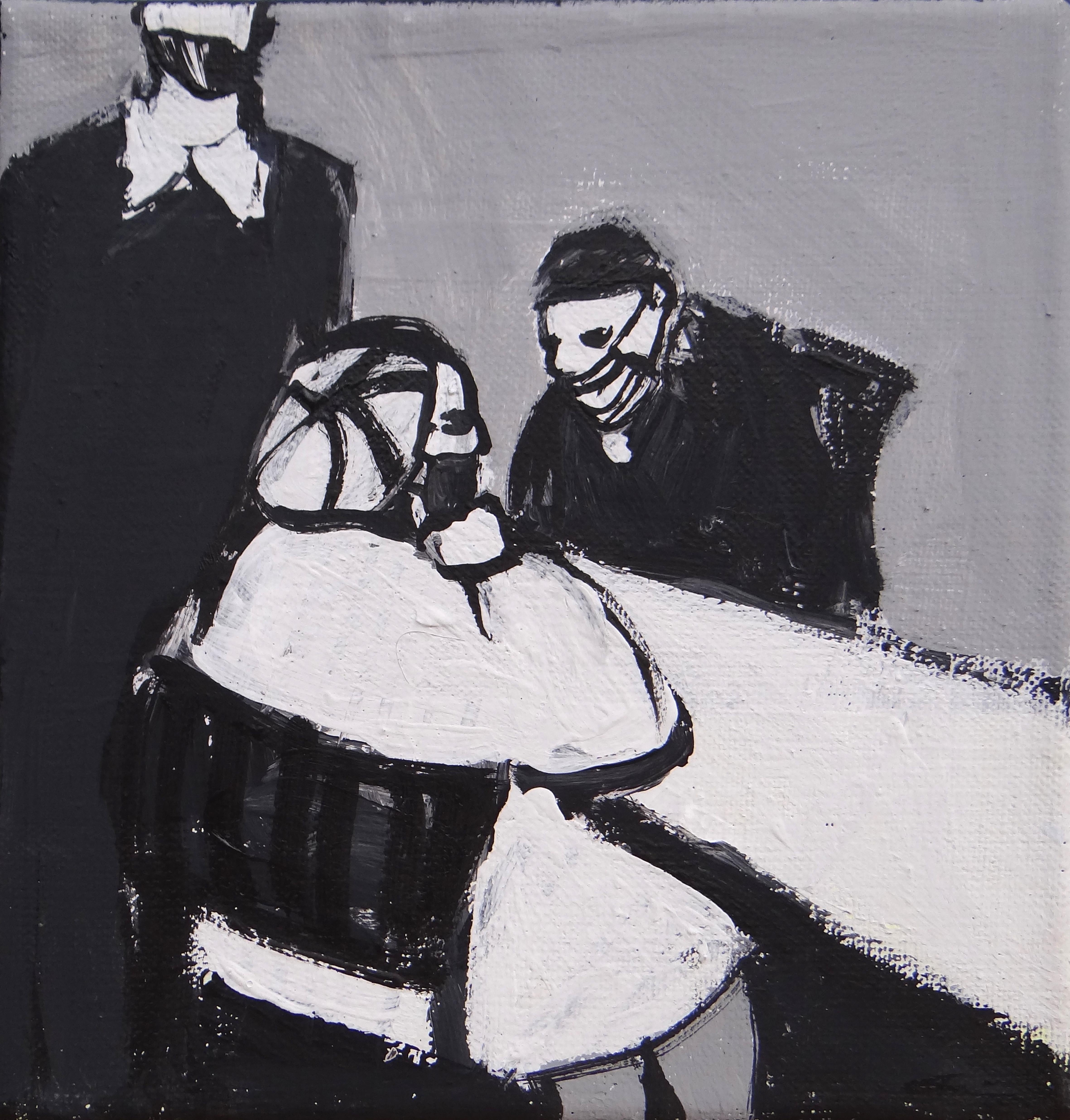 Joanna Mrozowska Figurative Painting – In der Cafeteria  - Contemporary Expressive Symbolic Black-White Painting