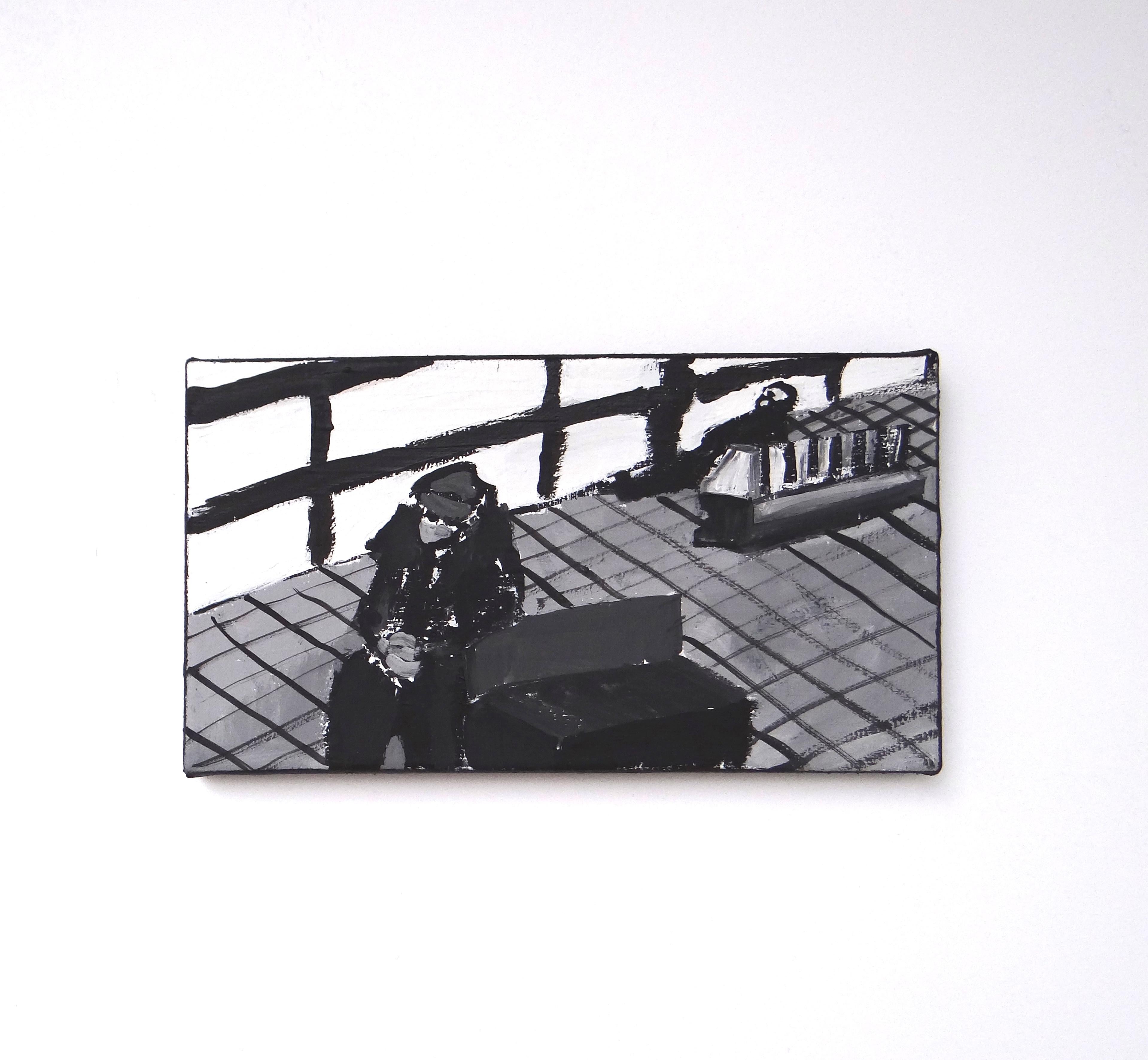 Nella sala d'attesa - Pittura contemporanea espressiva e simbolica in bianco e nero - Painting Contemporaneo di Joanna Mrozowska