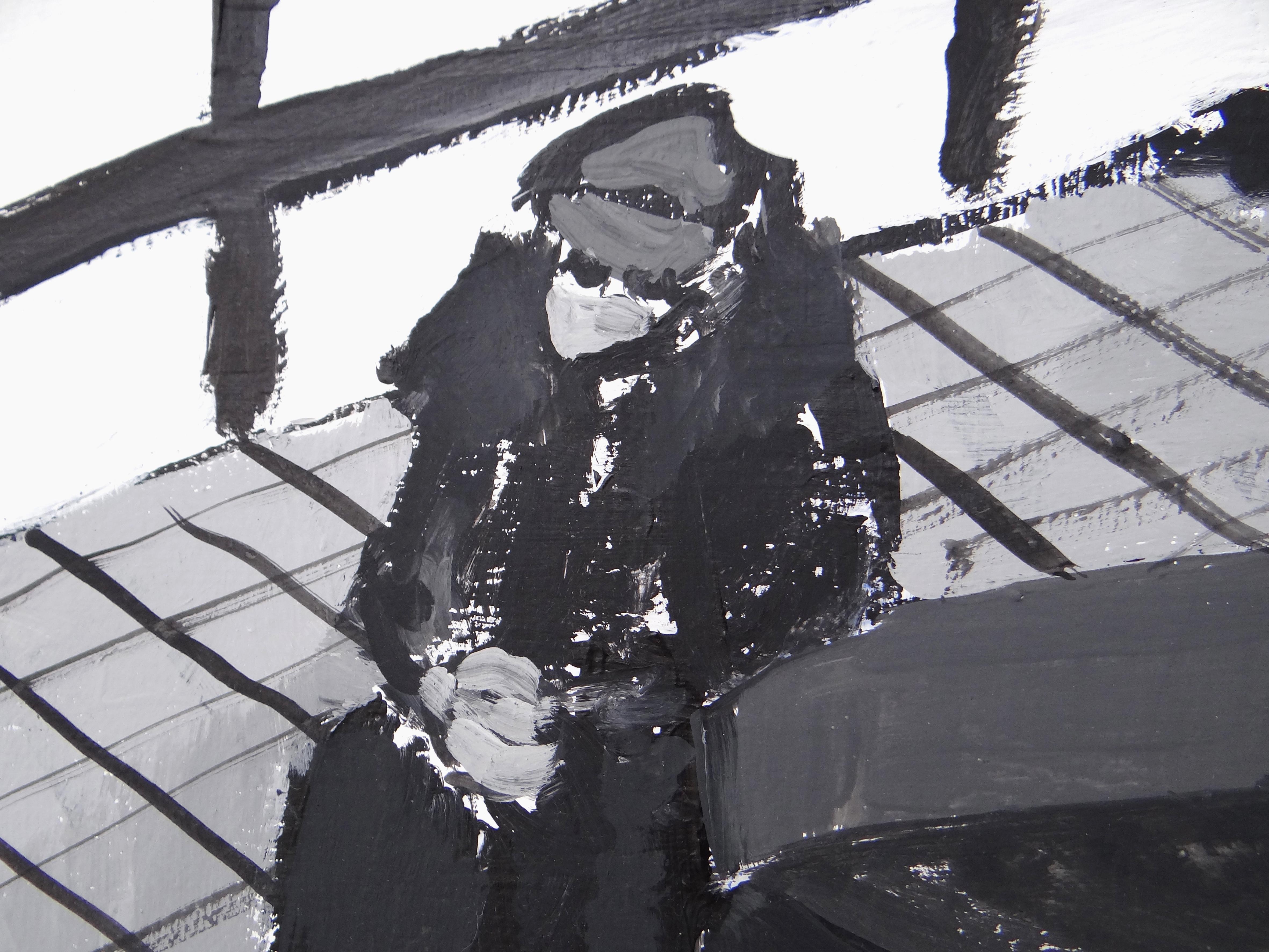 Nella sala d'attesa - Pittura contemporanea espressiva e simbolica in bianco e nero - Figurative Painting Nero di Joanna Mrozowska
