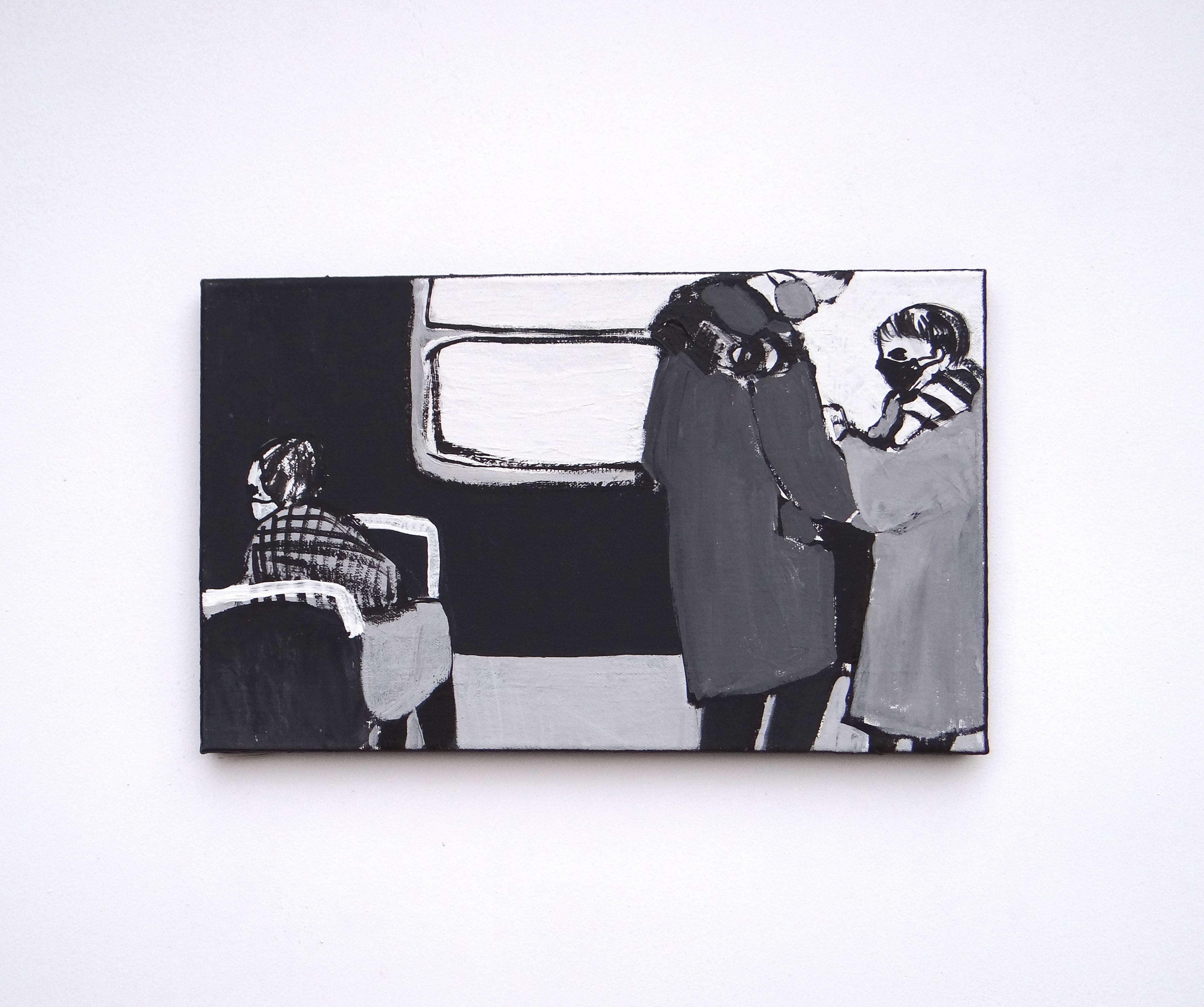 En el autobús - Pintura contemporánea expresiva y simbólica en blanco y negro - Painting de Joanna Mrozowska