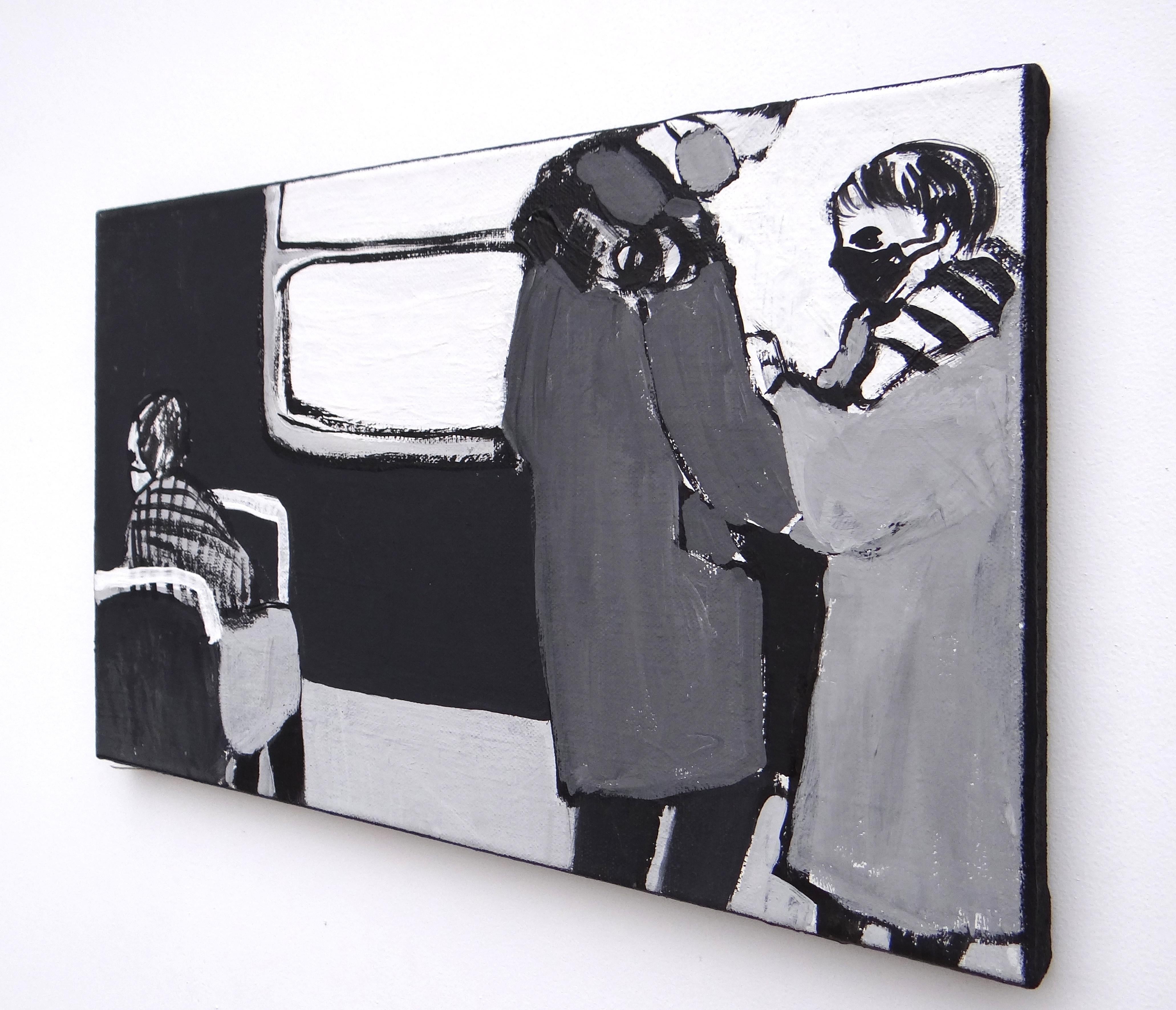 En el autobús - Pintura contemporánea expresiva y simbólica en blanco y negro - Painting Contemporáneo de Joanna Mrozowska