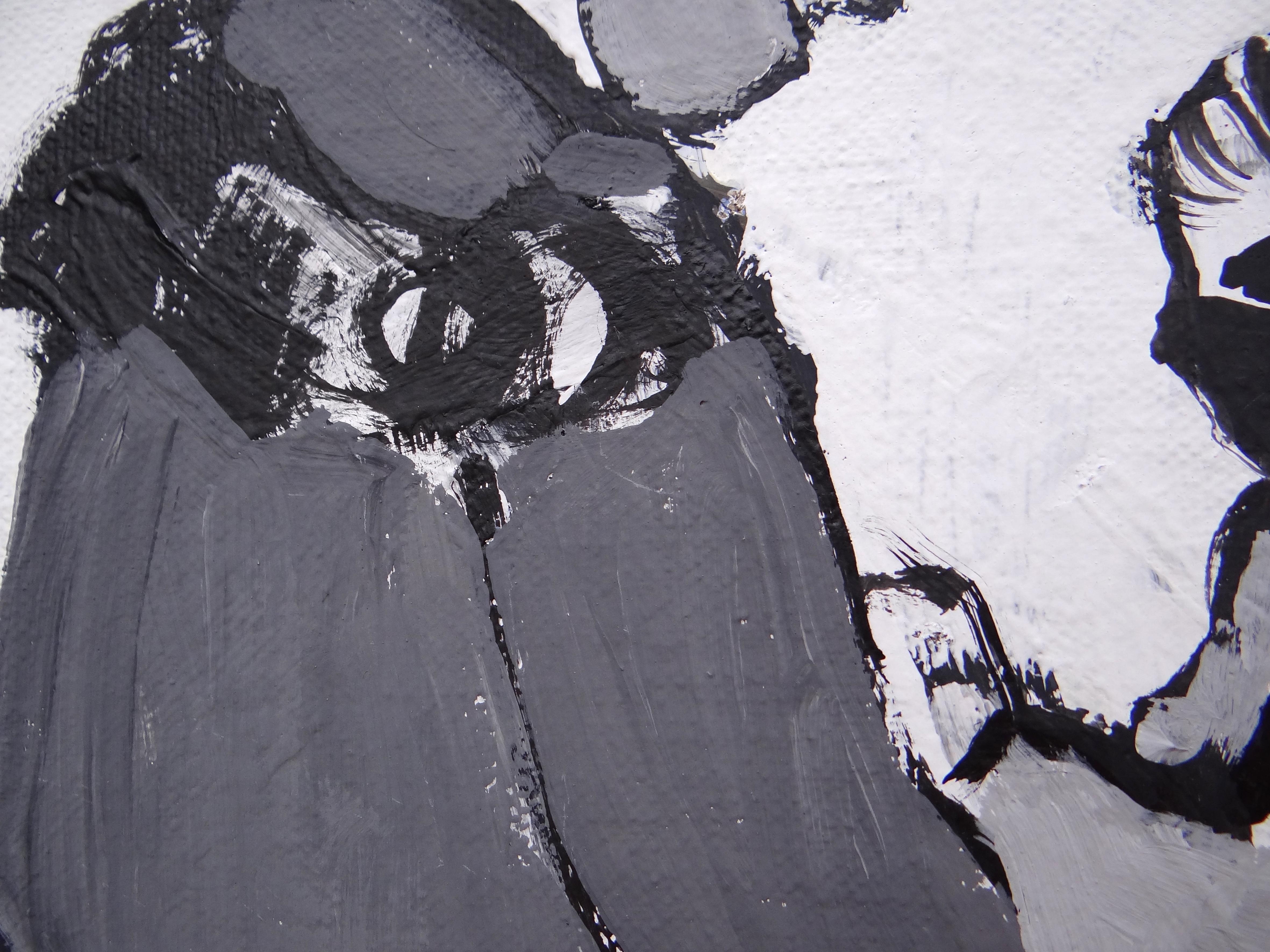 En el autobús - Pintura contemporánea expresiva y simbólica en blanco y negro - Figurative Painting Negro de Joanna Mrozowska