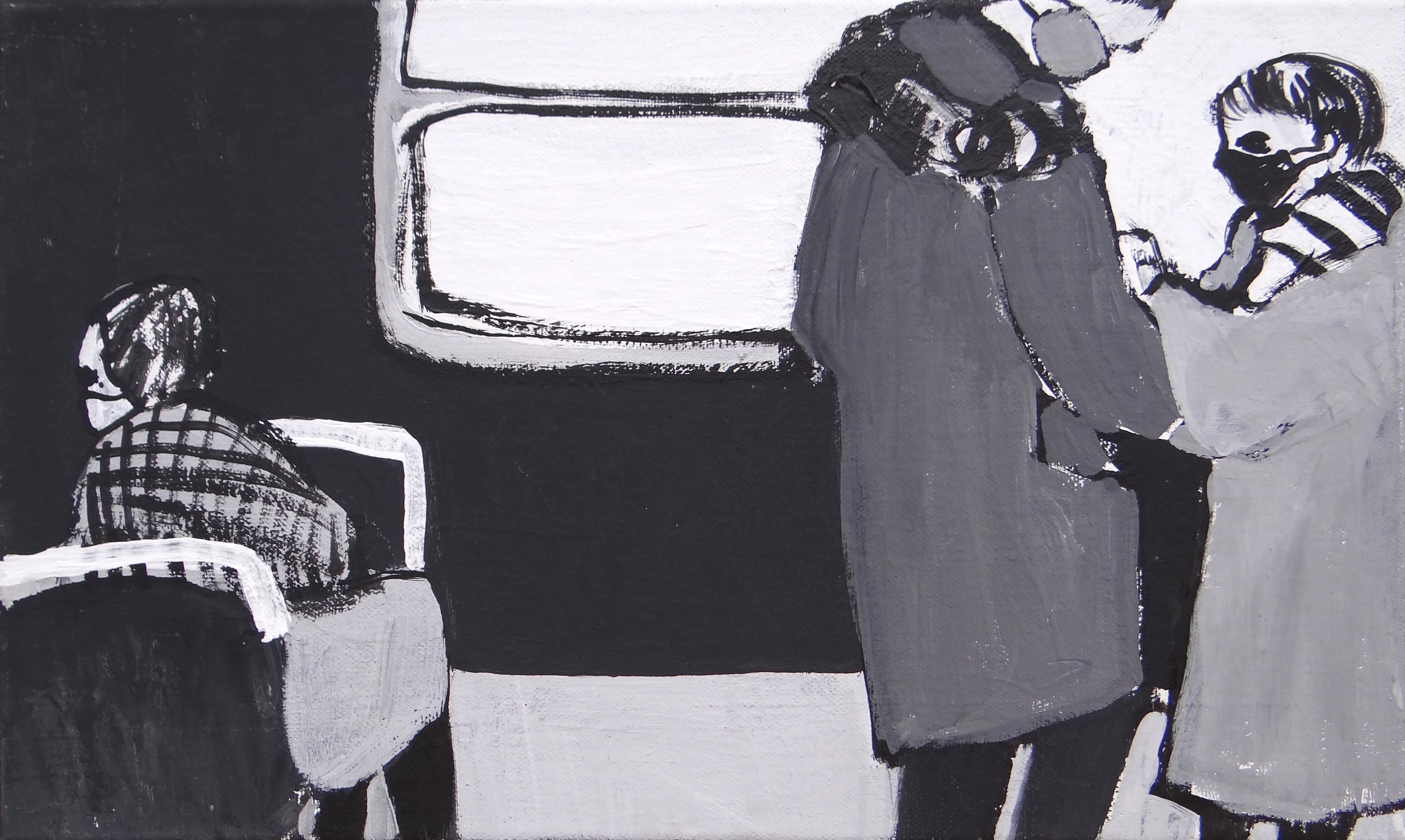 En el autobús - Pintura contemporánea expresiva y simbólica en blanco y negro
