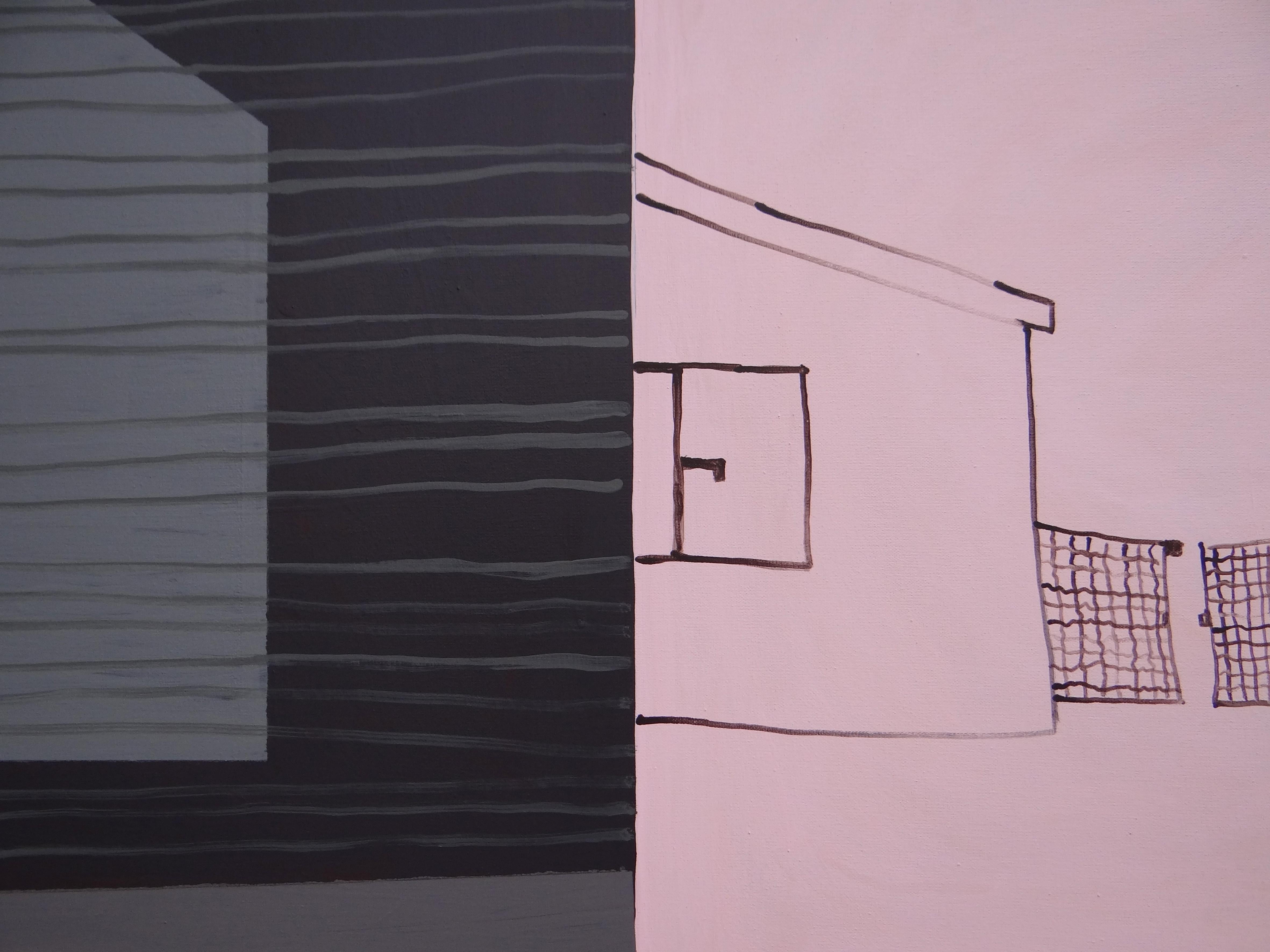 Patio Rosa - Pintura contemporánea expresiva, simbólica y minimalista - Figurative Painting Gris de Joanna Mrozowska