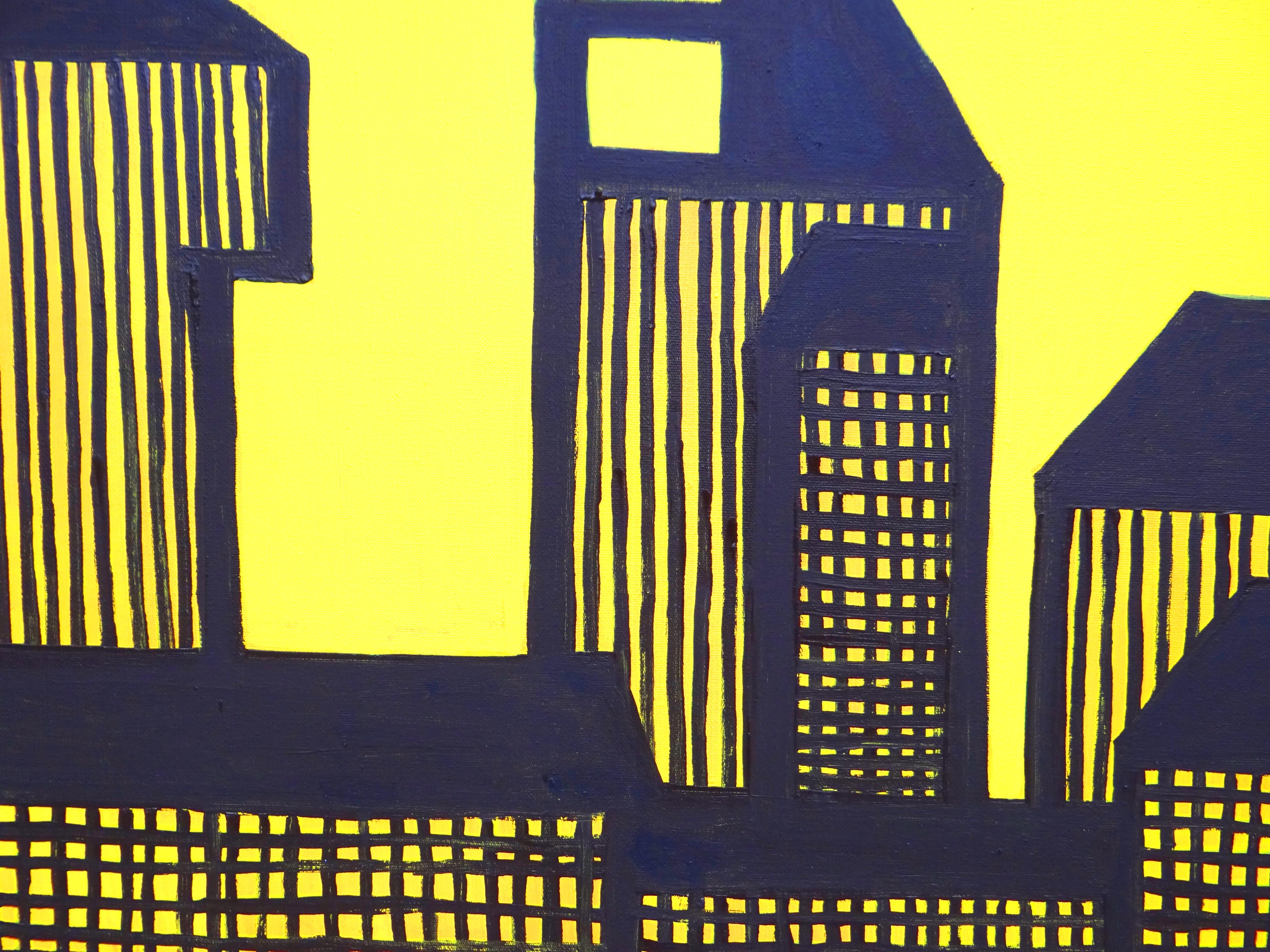 Soleil  City - Peinture contemporaine expressive, symbolique et minimaliste - Bleu Abstract Painting par Joanna Mrozowska