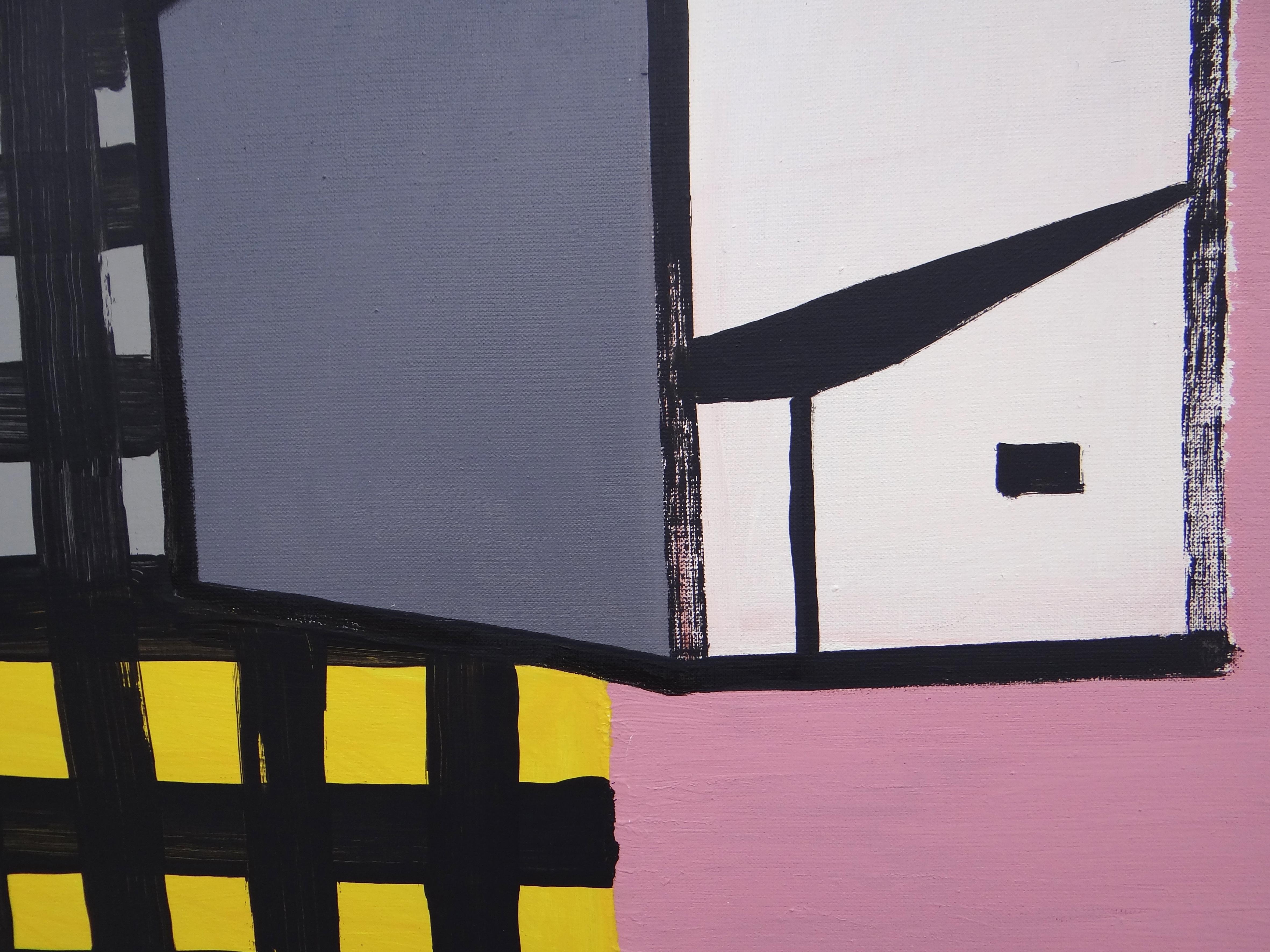 Casas que desaparecen 3 - Simbólica expresiva contemporánea y  Pintura minimalista - Landscape Painting Negro de Joanna Mrozowska