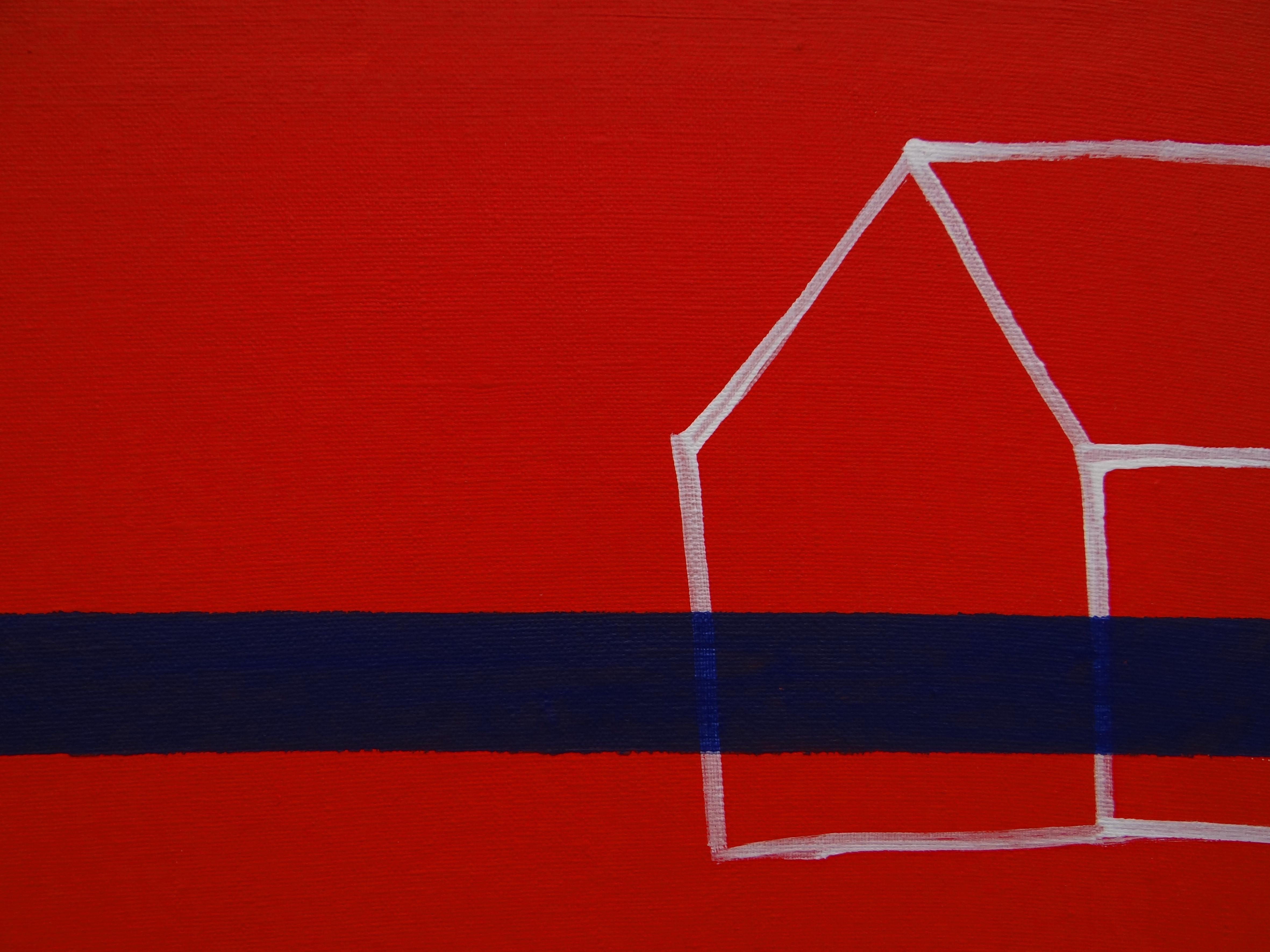 Casas que desaparecen 5 - Simbólica expresiva contemporánea y  Pintura minimalista - Landscape Painting Rojo de Joanna Mrozowska