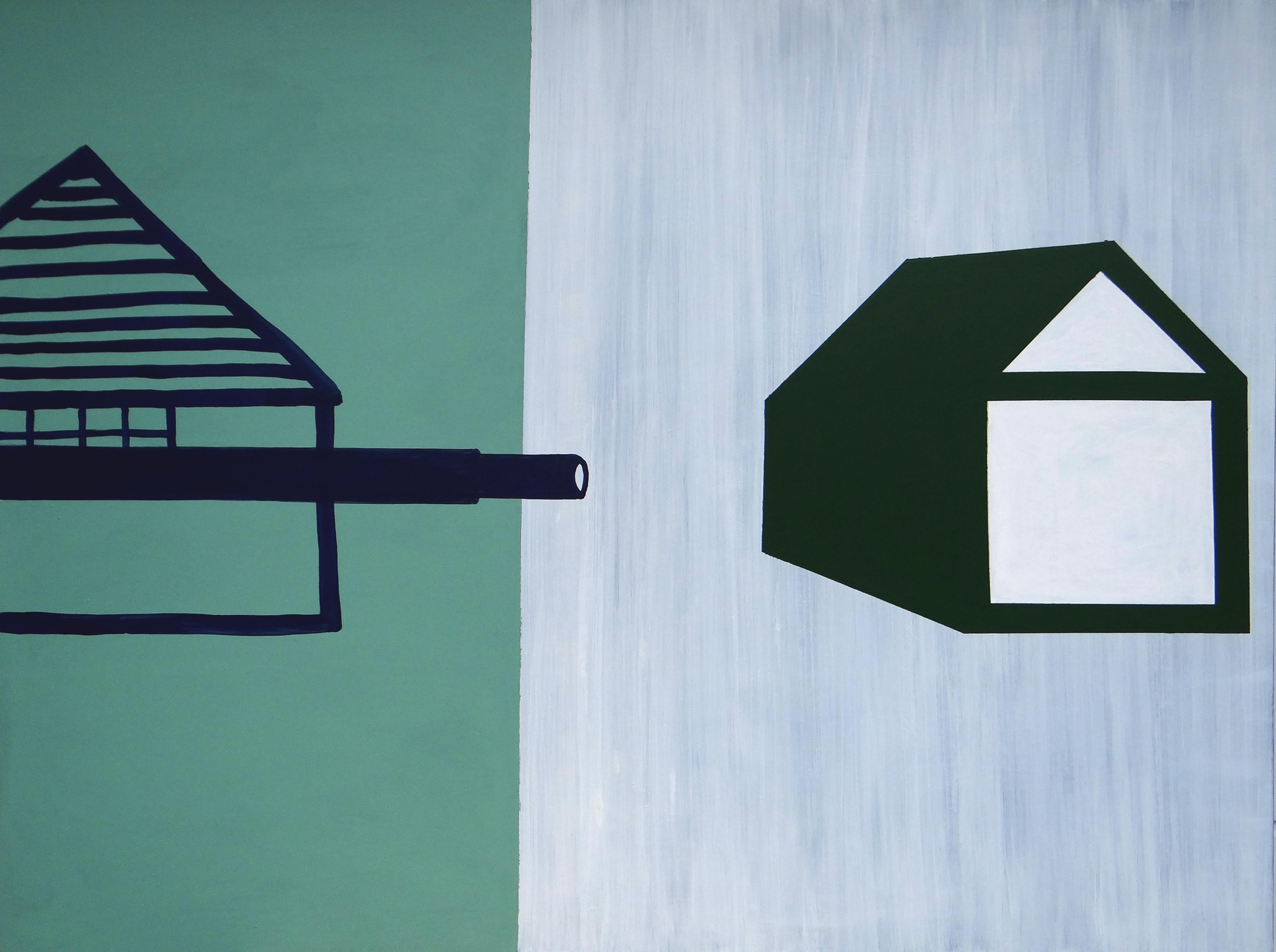 Figurative Painting de Joanna Mrozowska - Casas que desaparecen 1 -  Pintura Minimalista Expresiva Moderna, Gran Formato