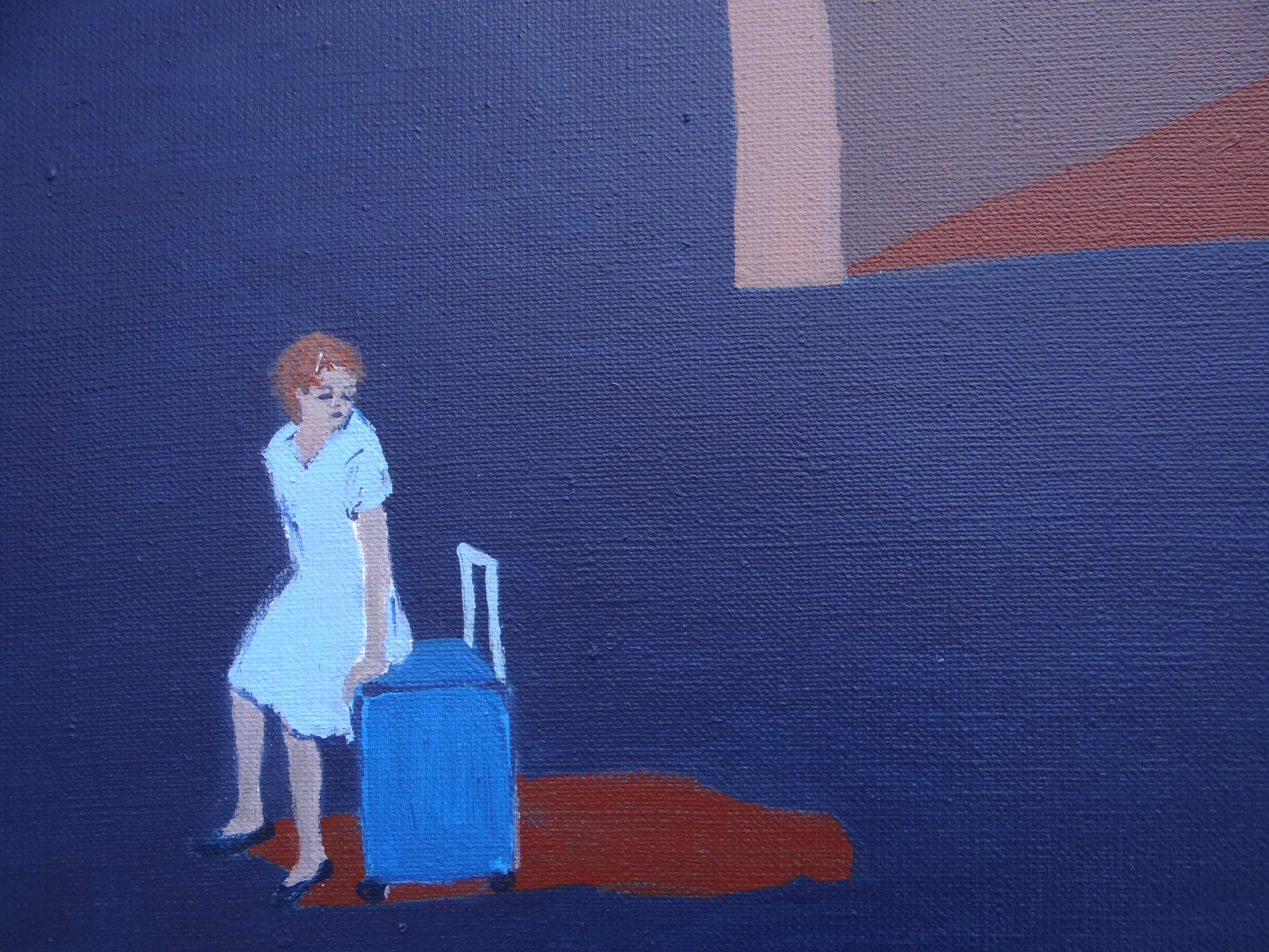 Waiting, (No Sólo Por El Bus)  - Pintura Simbólica Expresiva y Minimalista - Landscape Painting Púrpura de Joanna Mrozowska