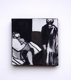 Waiting Room 1 - Contemporary Expressive Symbolic Black-White and Brown Painting