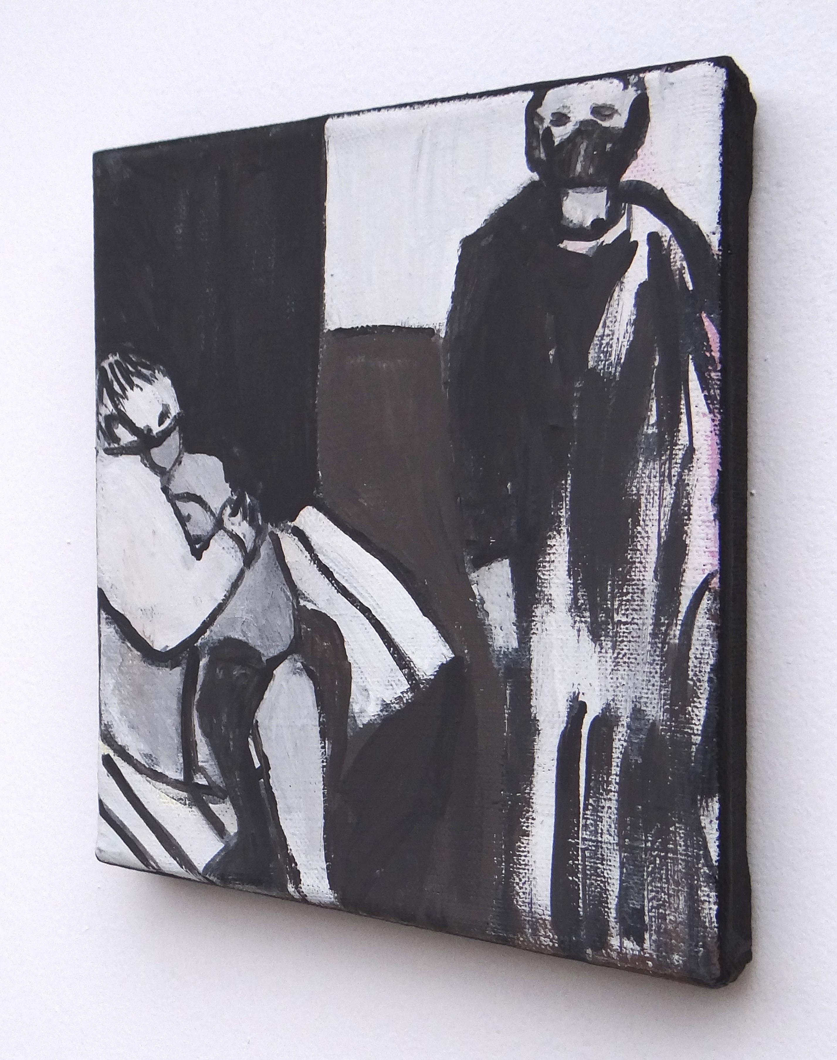 Waiting Room 1 - Contemporary Expressive Symbolic Black-White and Brown Painting For Sale 1