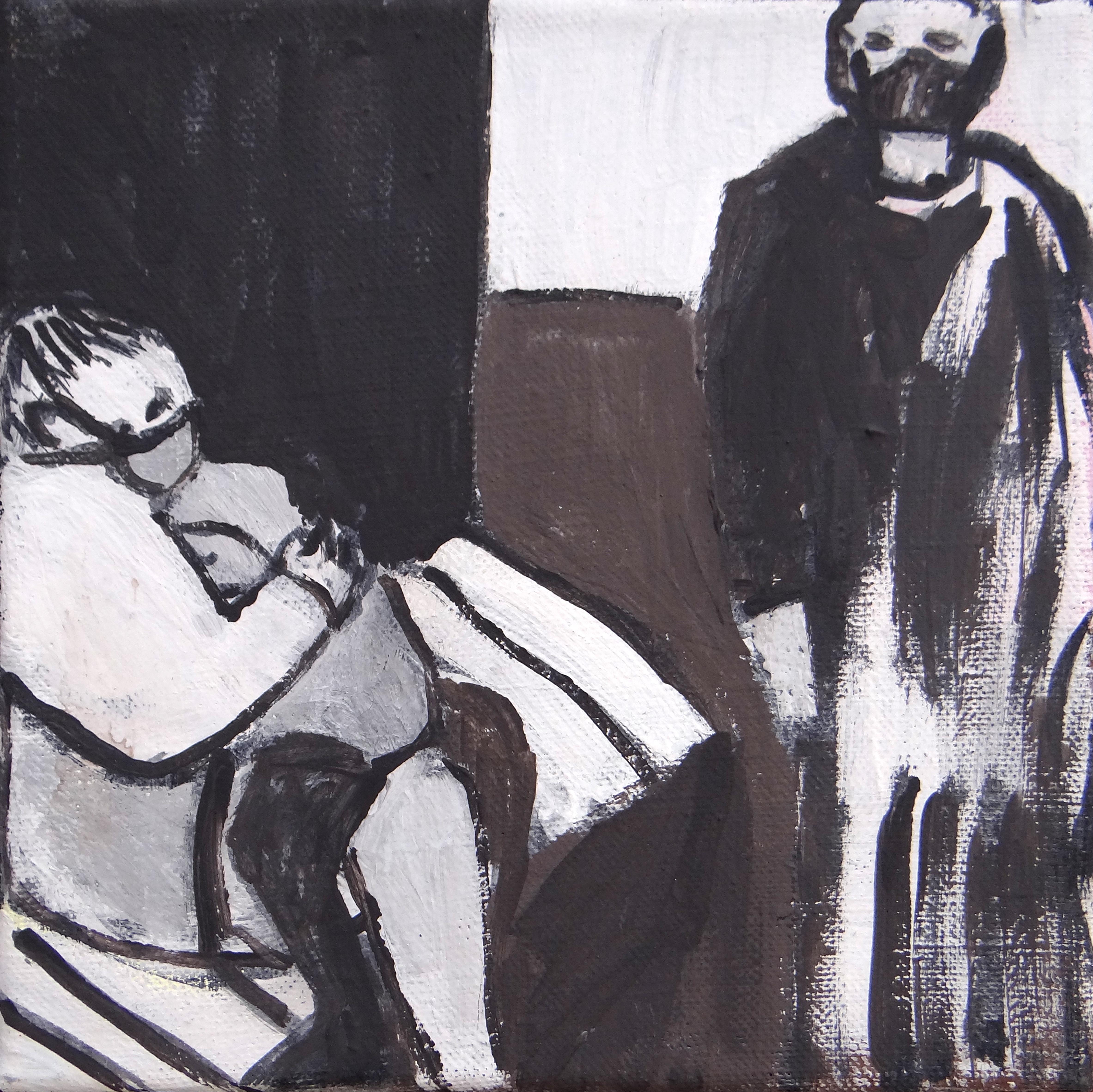 Joanna Mrozowska Figurative Painting – Waiting Room 1 - Contemporary Expressive Symbolic Black-White and Brown Painting