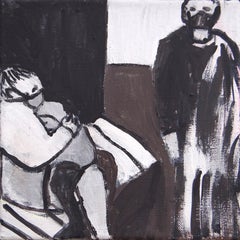 Waiting Room 1 - Contemporary Expressive Symbolic Black-White and Brown Painting