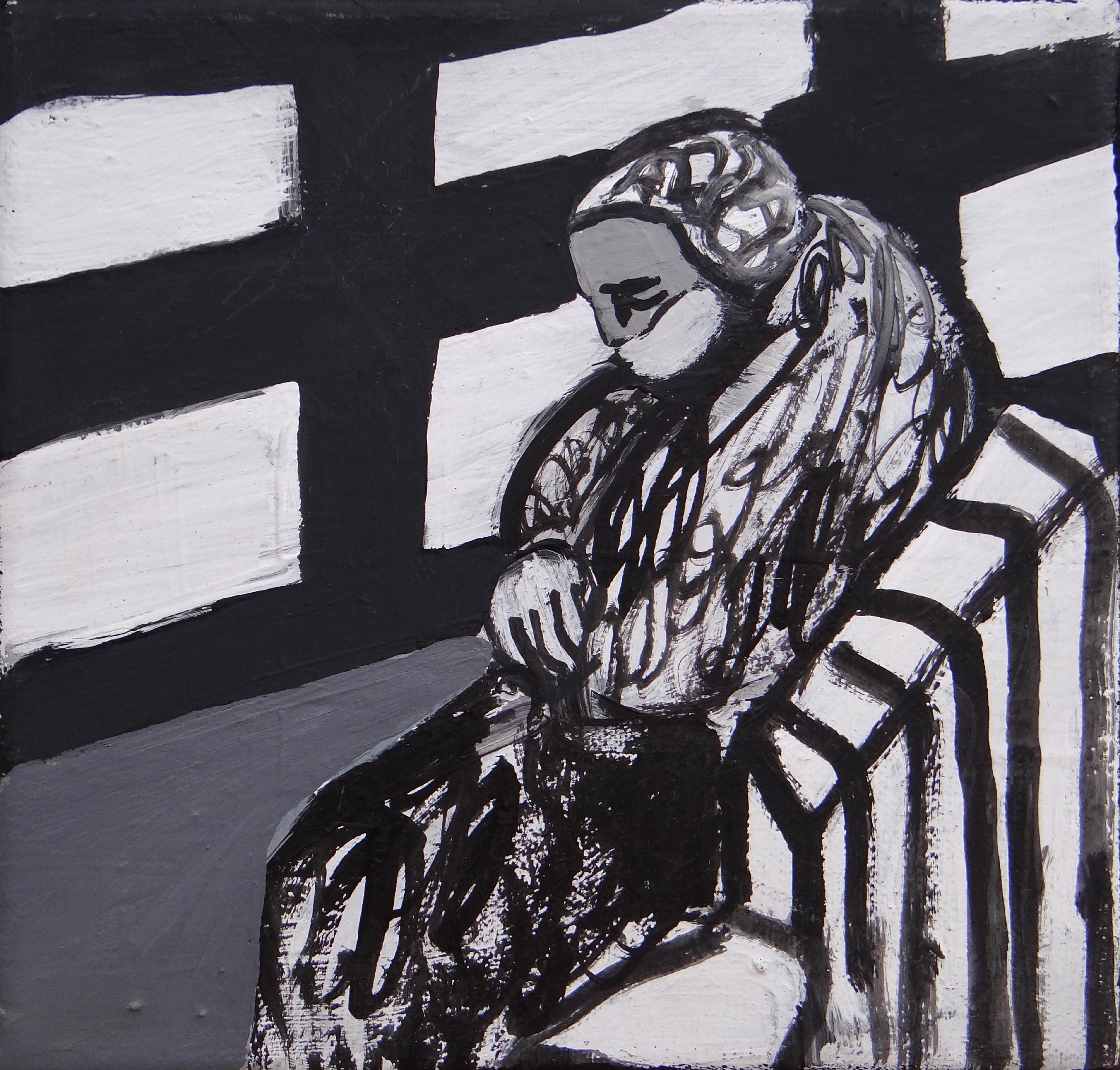 Waiting Room 2 - Contemporary Expressive, Symbolic Black-White Painting