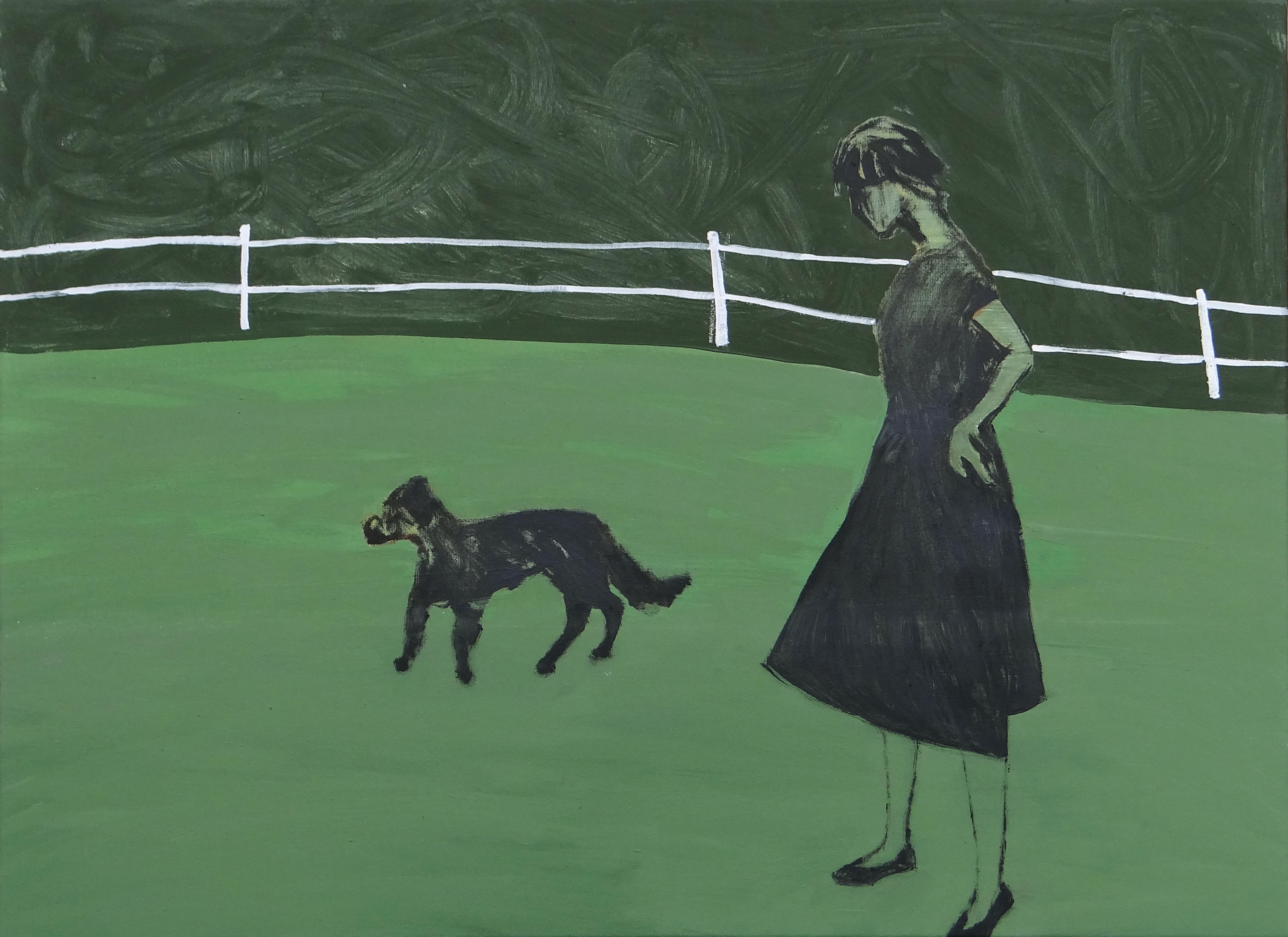 Joanna Mrozowska Figurative Painting – Walk - Contemporary Expressive and Figurative Landscape Oil Painting mit Hund