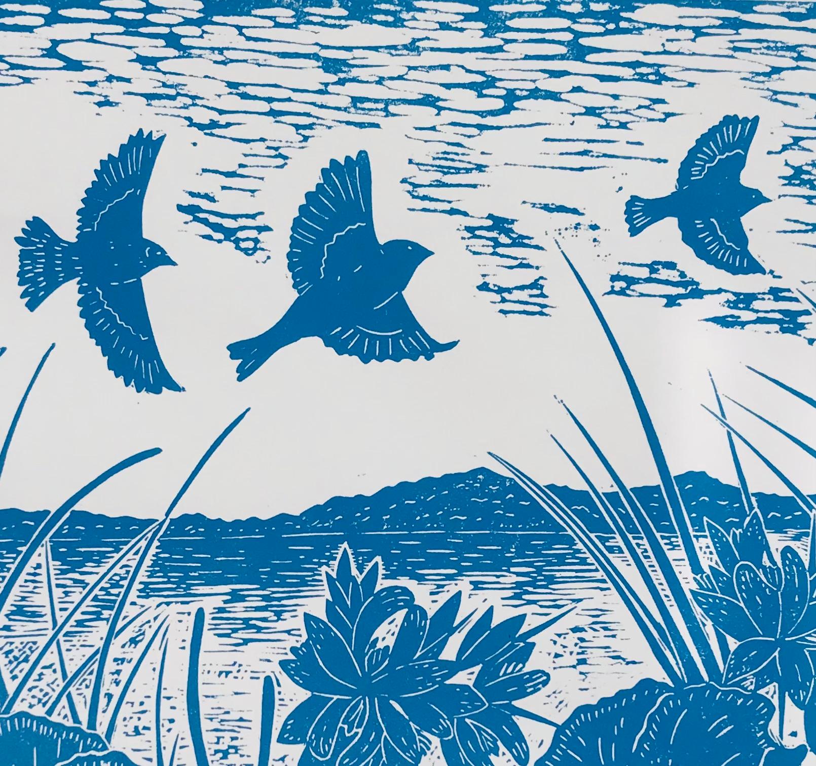 Linnets über Salthouse von Joanna Padfield, Druck in limitierter Auflage, Vögel (Zeitgenössisch), Print, von Joanna Padfield 