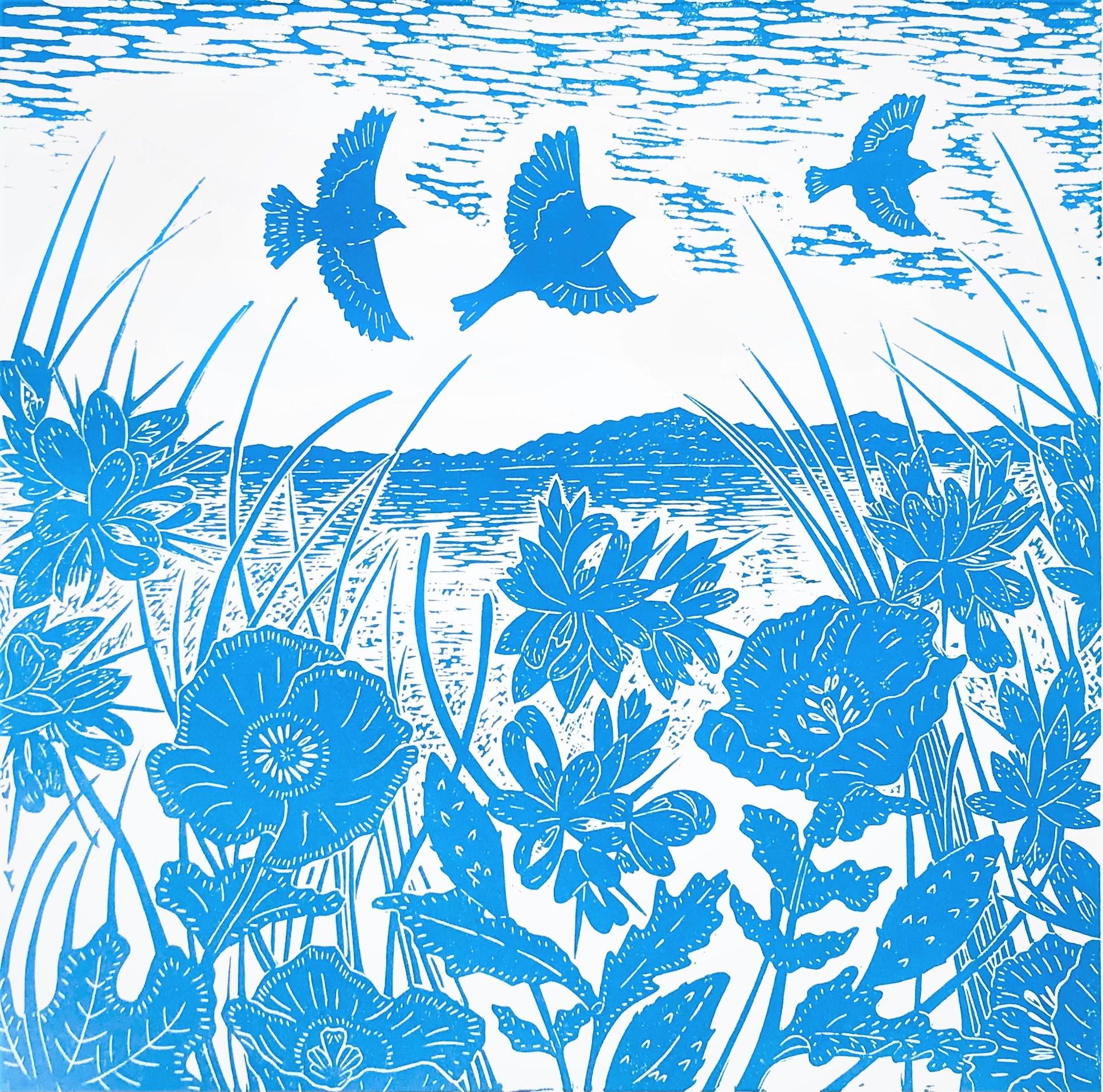 Joanna Padfield  Landscape Print - Linnets over Salthouse by Joanna Padfield, Limited edition print, Birds