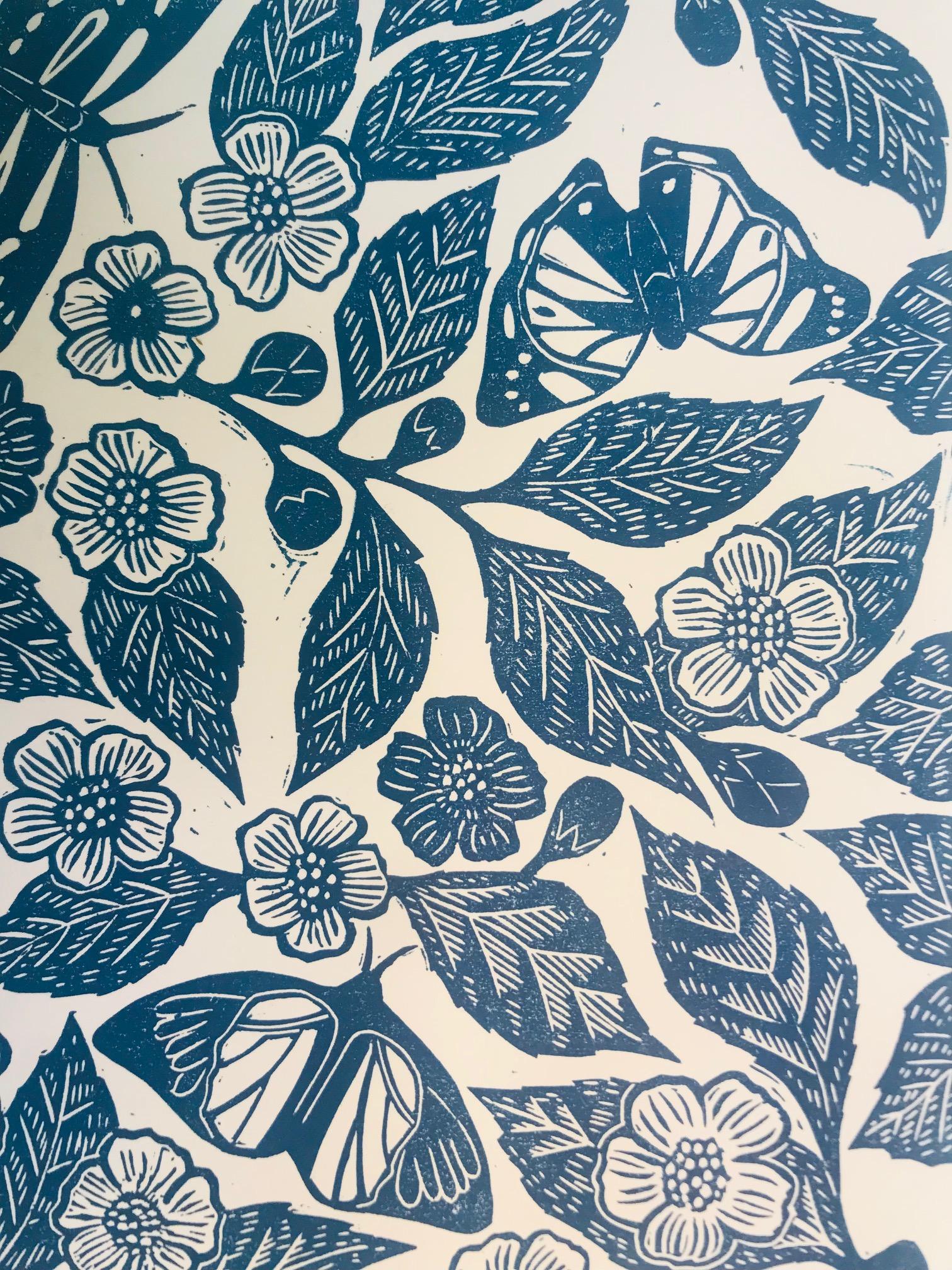 Butterflied and Tea Flowers in Blue Teal - Print by Joanna Padfield