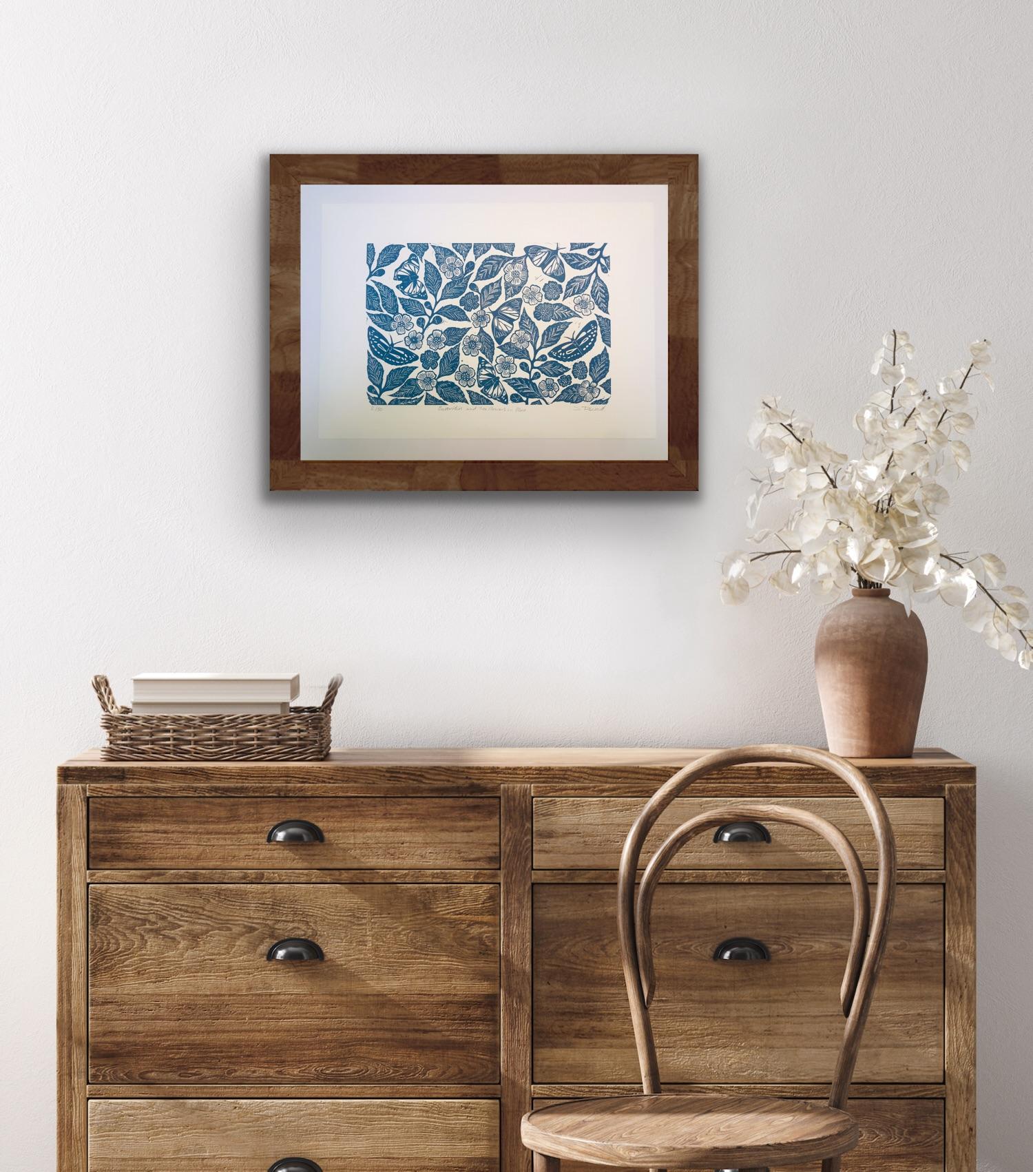 Butterflied and Tea Flowers in Blue Teal - Art Deco Print by Joanna Padfield